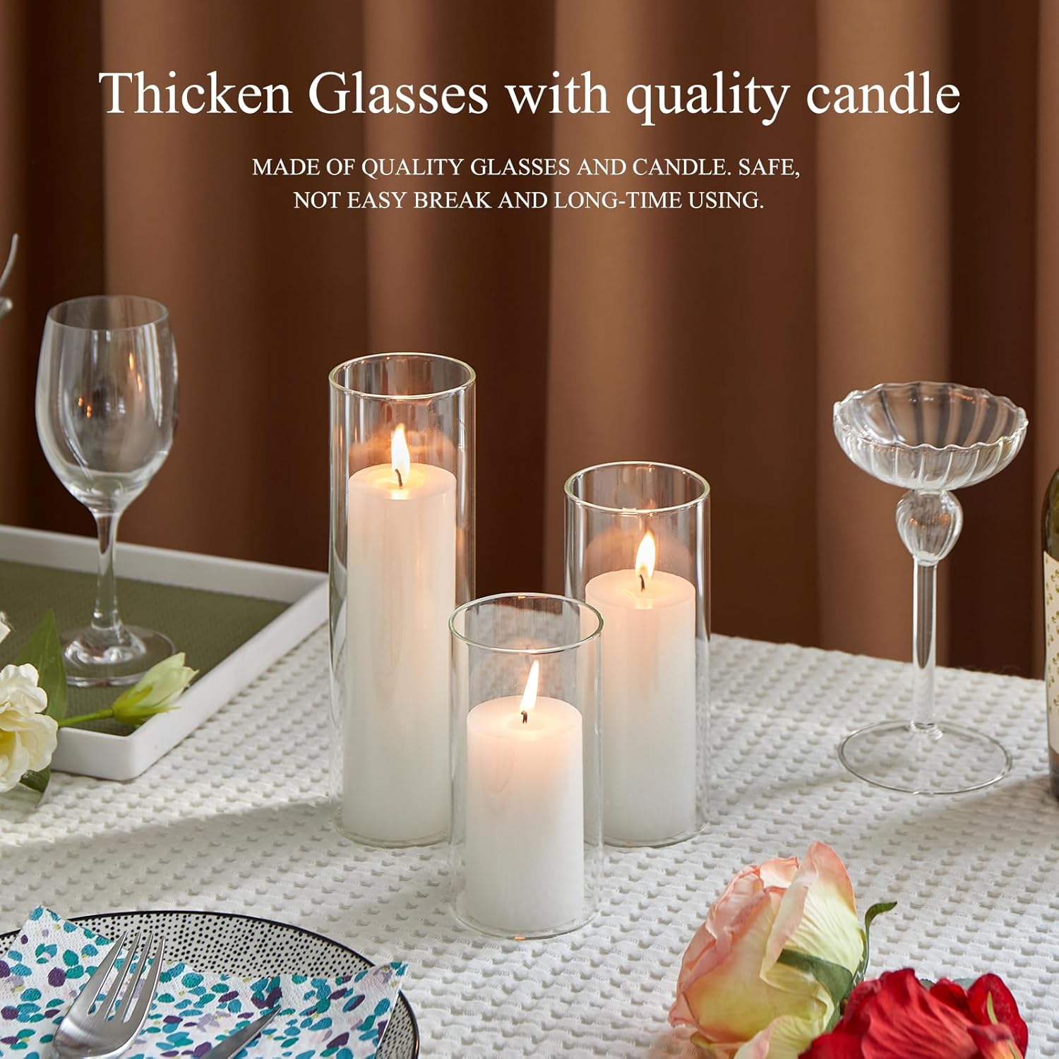 Set of 6 White Pillar Candles with Clear Glass Holders