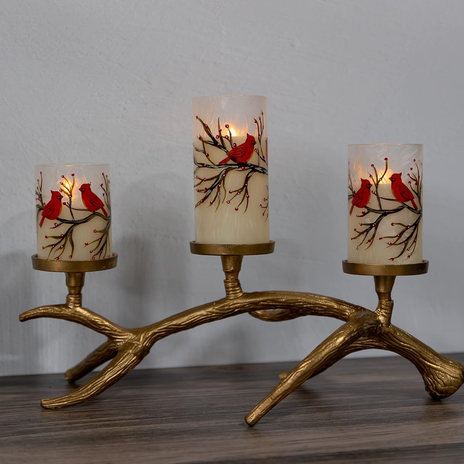 LumaBase LED Red Cardinal Hurricane Candles Set of 3