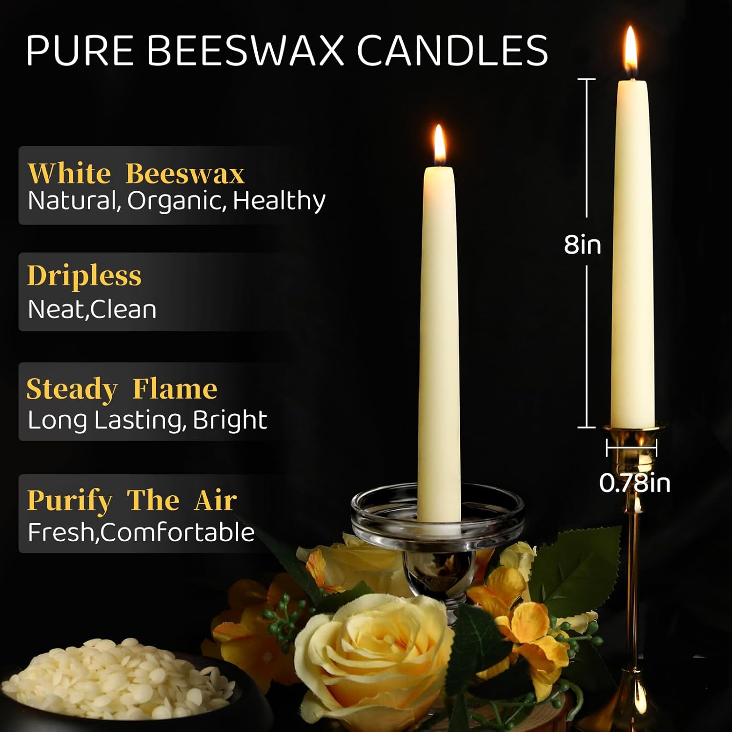 Natural Beeswax Taper Candles Pack of 4 8 Inch White 32 Hours Burn