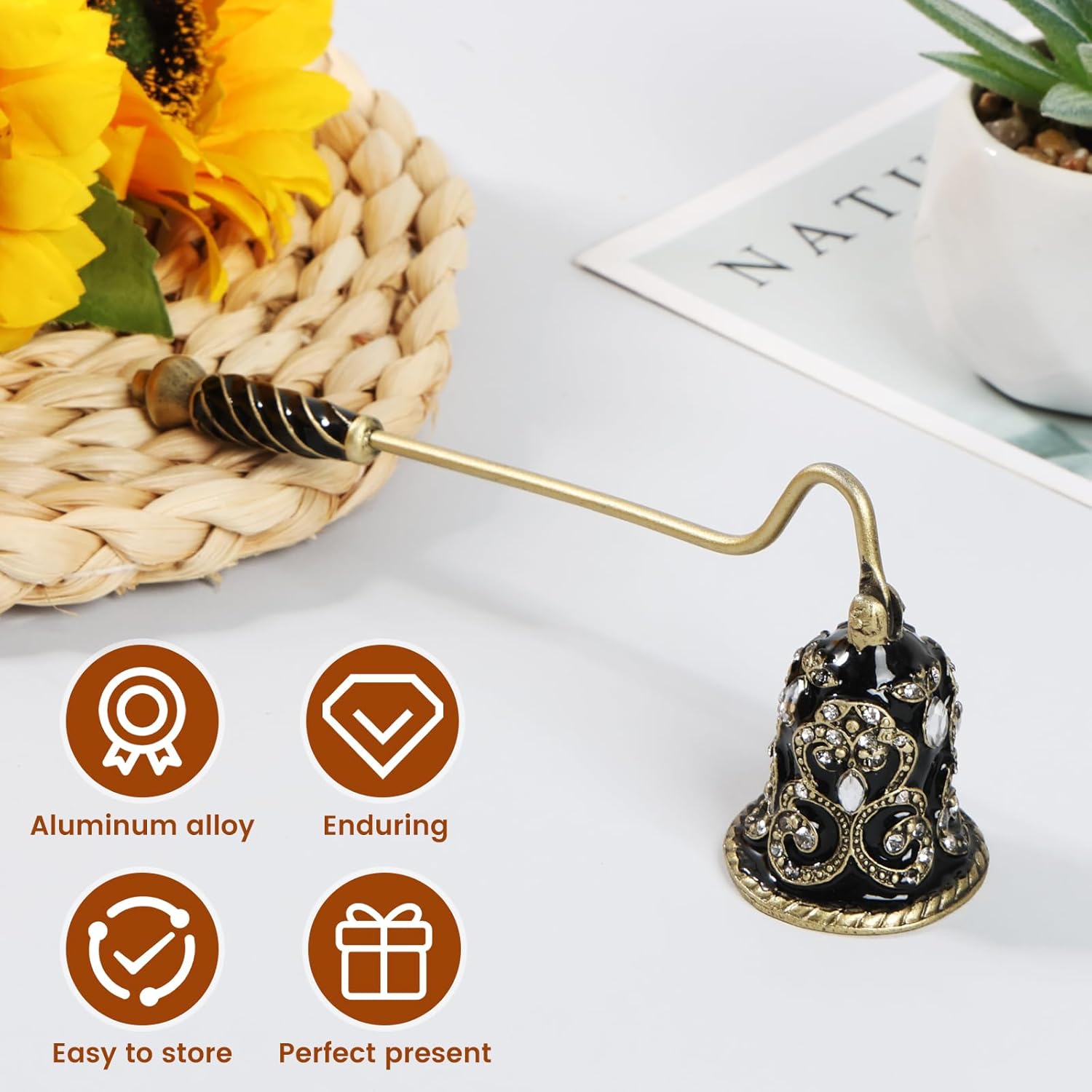 Elegant Flower Shape Candle Snuffer with Long Handle Black