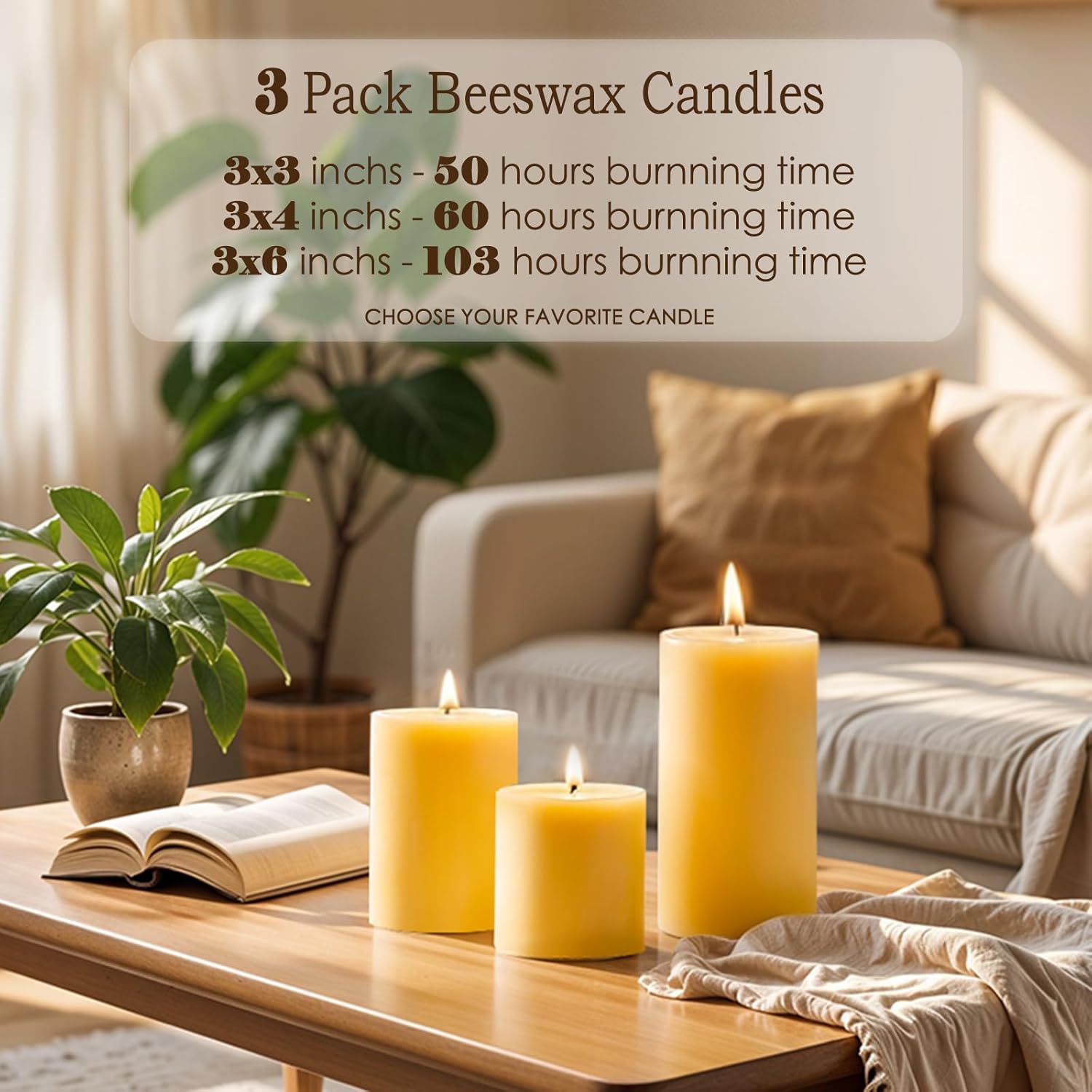 Uniteland 3 Pack Beeswax Pillar Candles