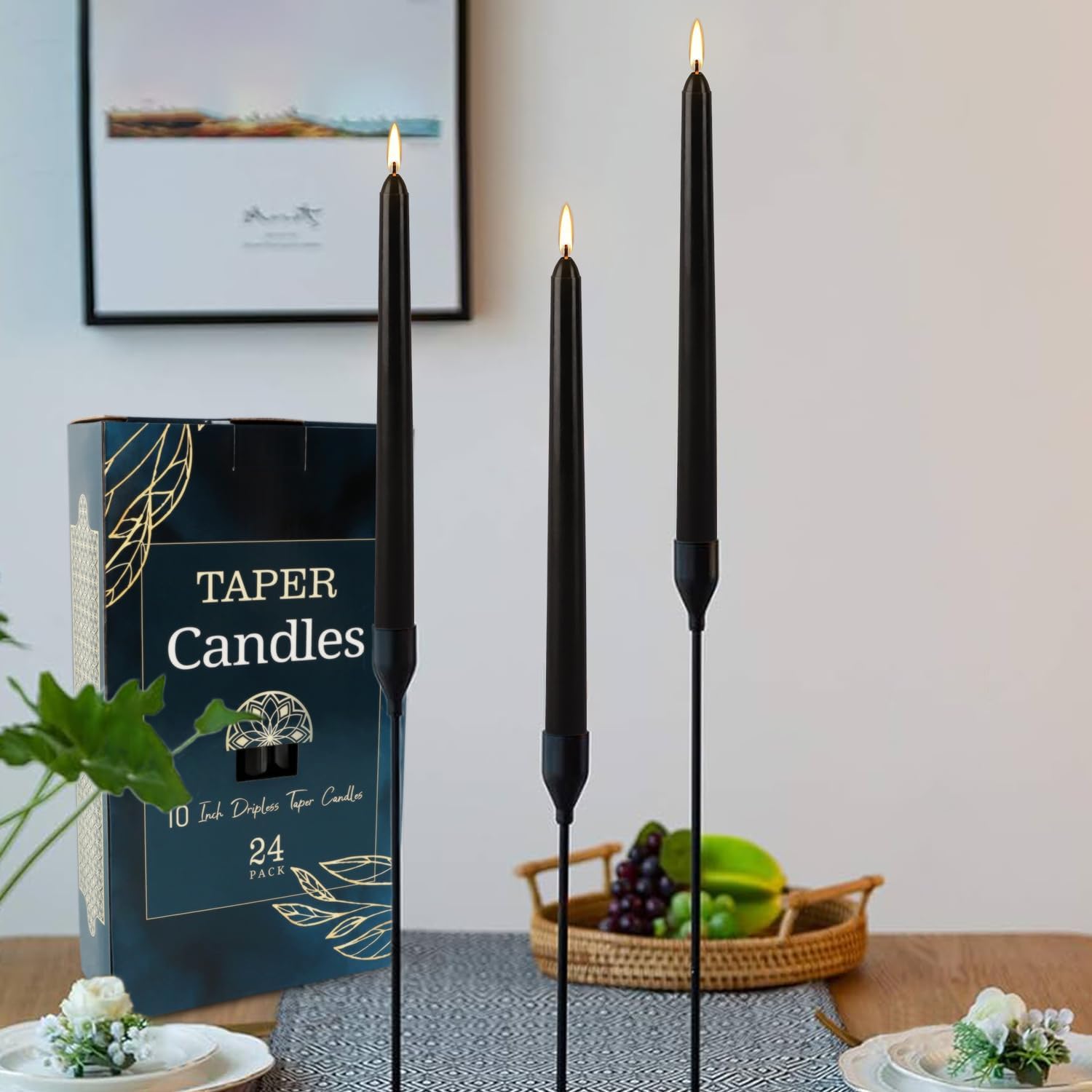 24 Pack Tall Taper Candles 10 Inch Black Dripless Unscented