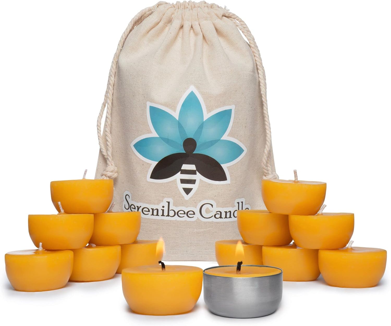 Serenibee Tea Light Candles with Reusable Steel Holder and Cotton Bag