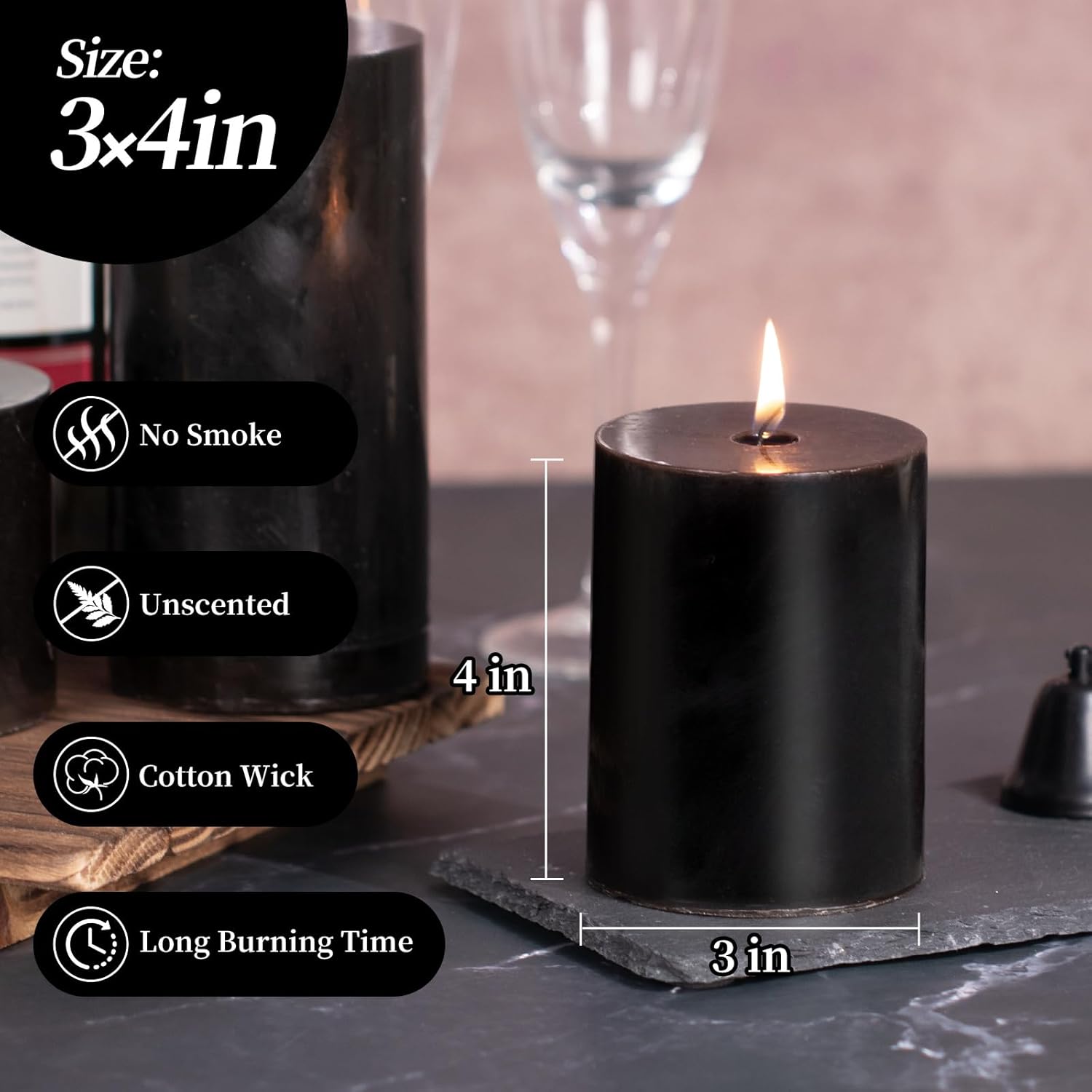 KONNI Unscented Pillar Candles Set of 3 3x4 Inches Smokeless Dripless
