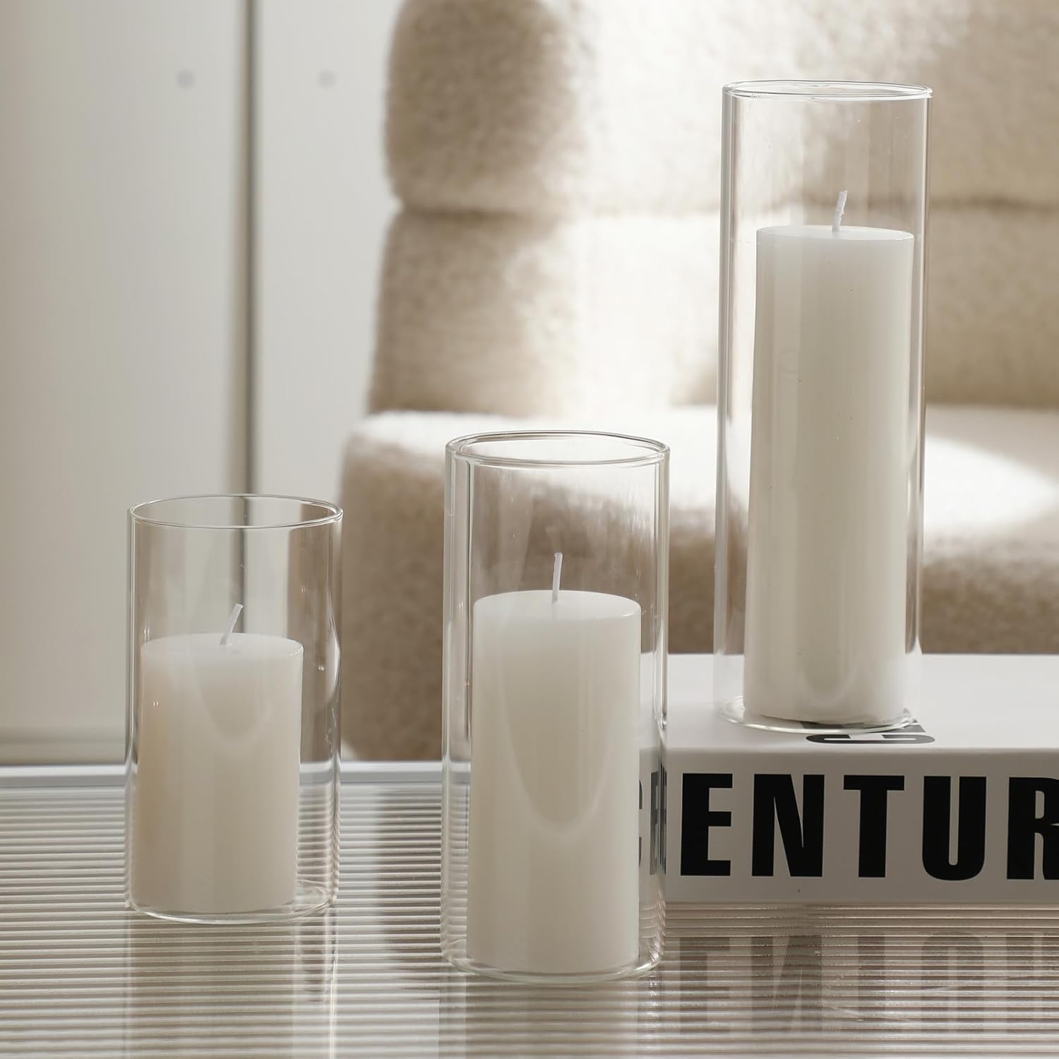 UDU 12 Pillar Candles and 12 Glass Hurricane Holders Set