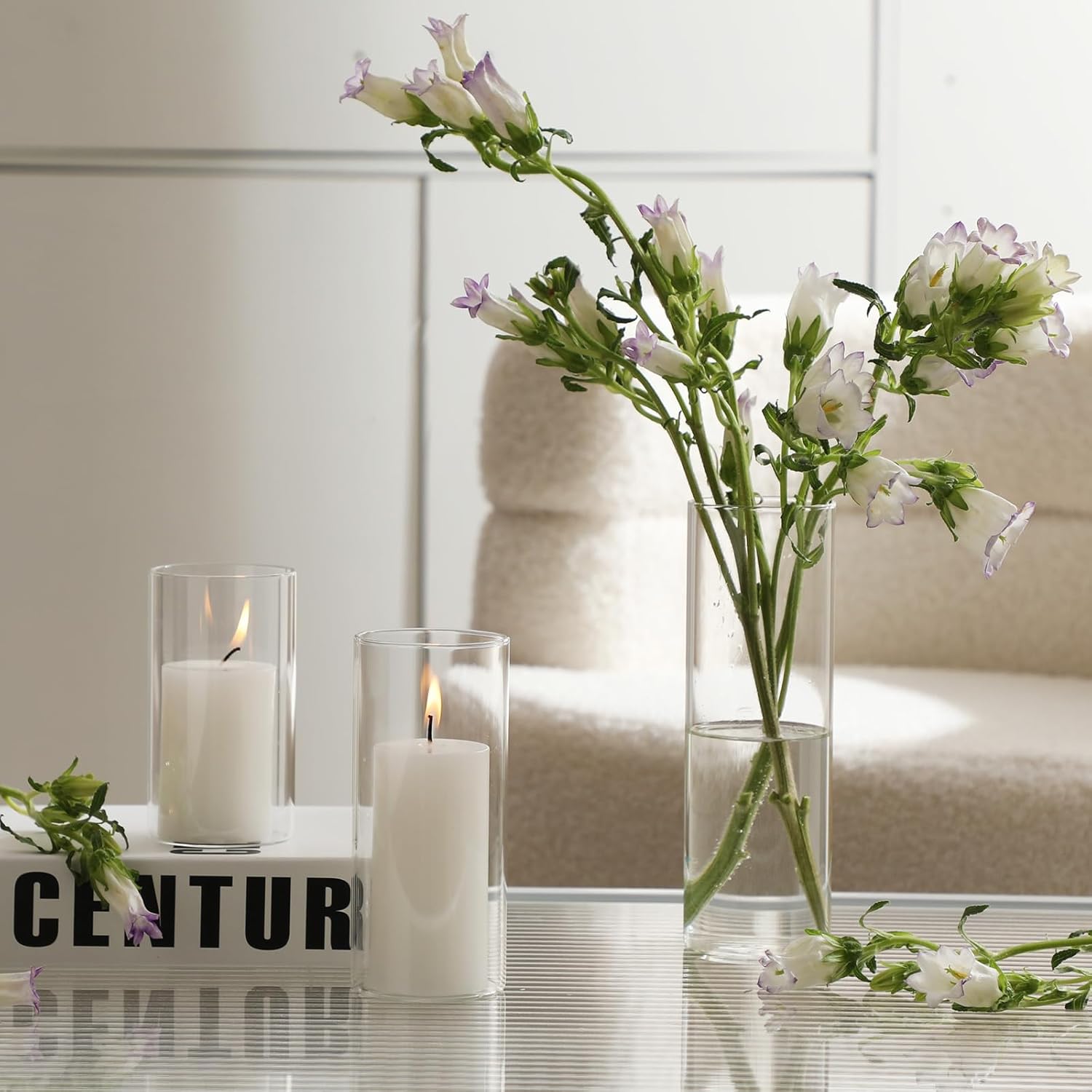 UDU 12 Pillar Candles and 12 Glass Hurricane Holders Set