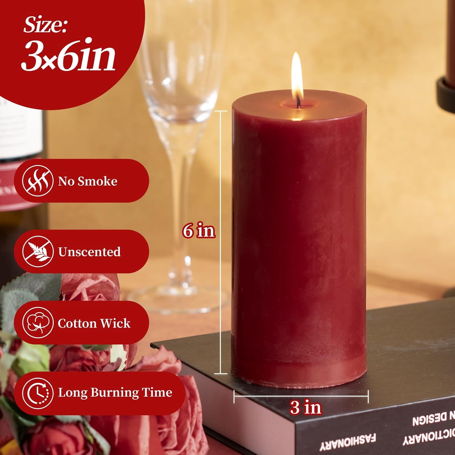 KONNI Dark Red Pillar Candles Set of 3 3x6