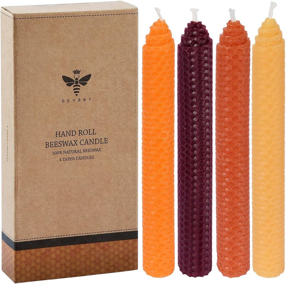 DEYBBY 8 Inch Hand-Rolled Beeswax Taper Candles 4 Pack Cone Top