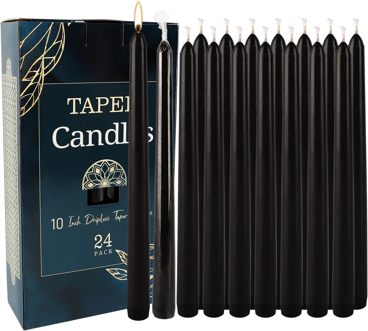 24 Pack Tall Taper Candles 10 Inch Black Dripless Unscented