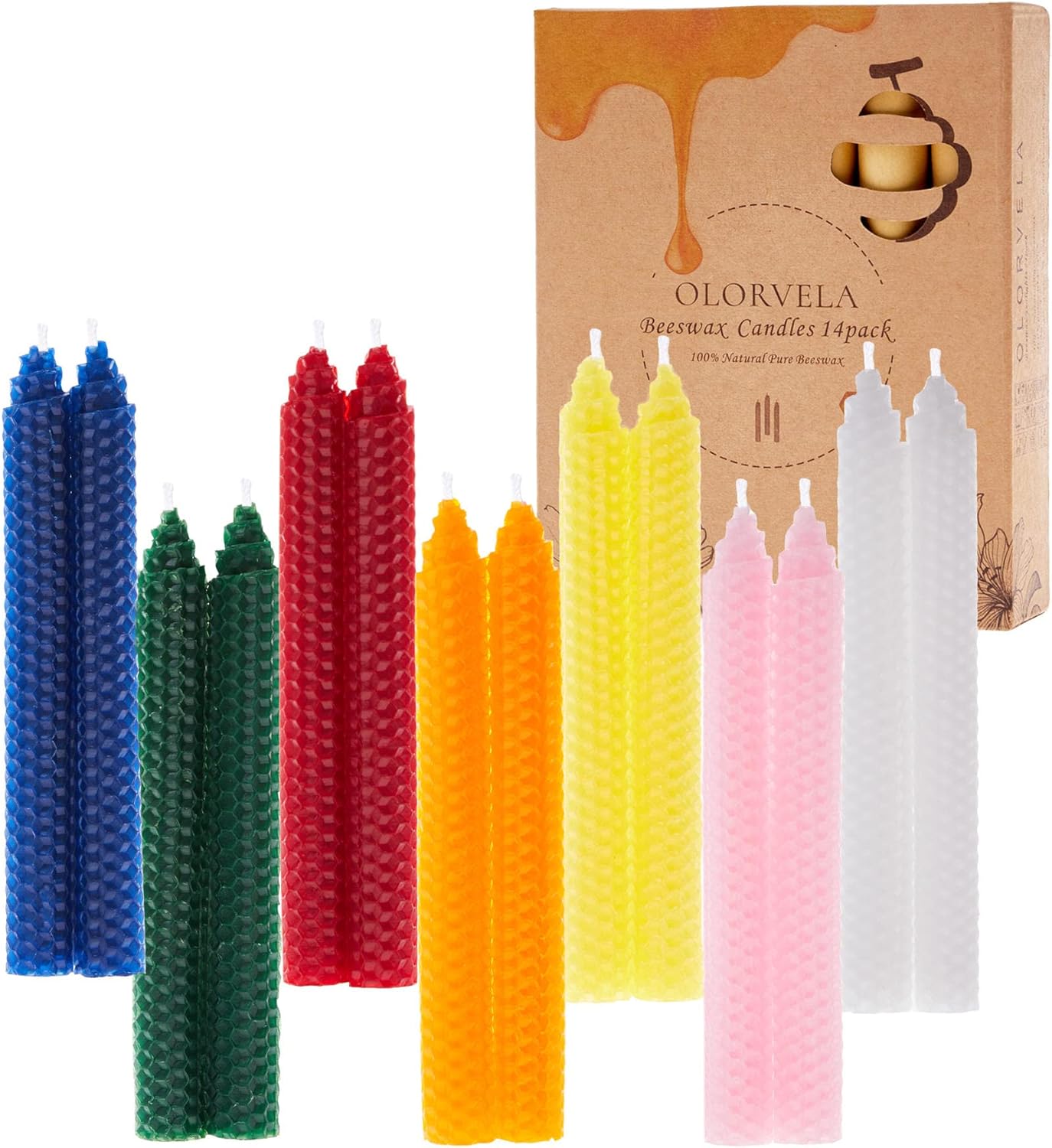 14 Pack Hand-Rolled Beeswax Taper Candles 8 Inch