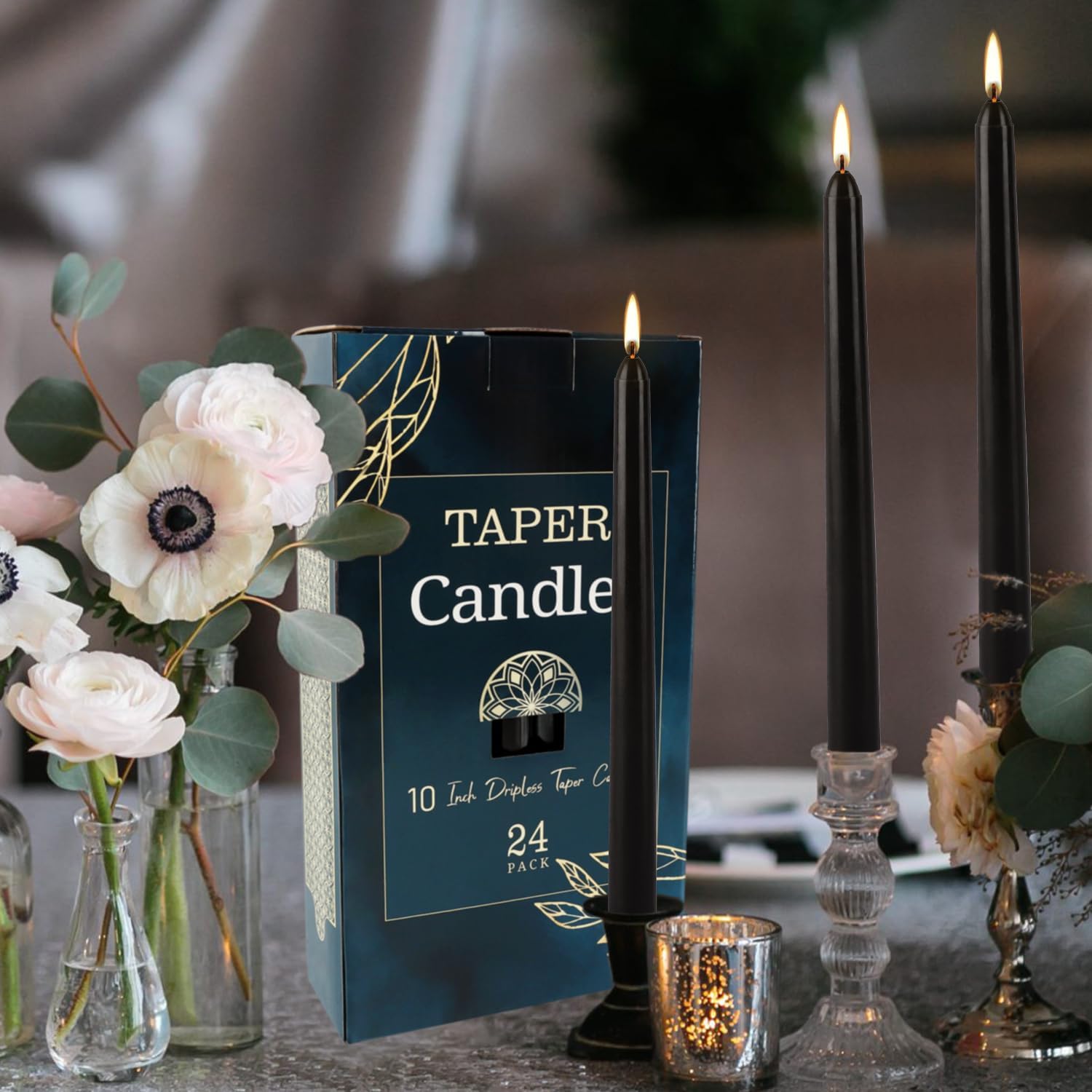 24 Pack Tall Taper Candles 10 Inch Black Dripless Unscented