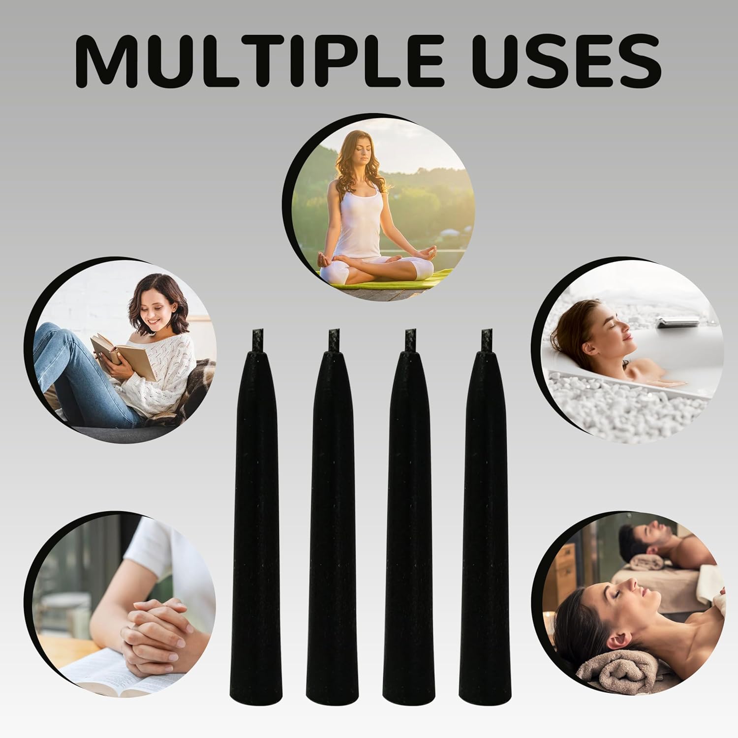 20 Min Black Meditation Candles 30 Pack with Holder and Wax Dots