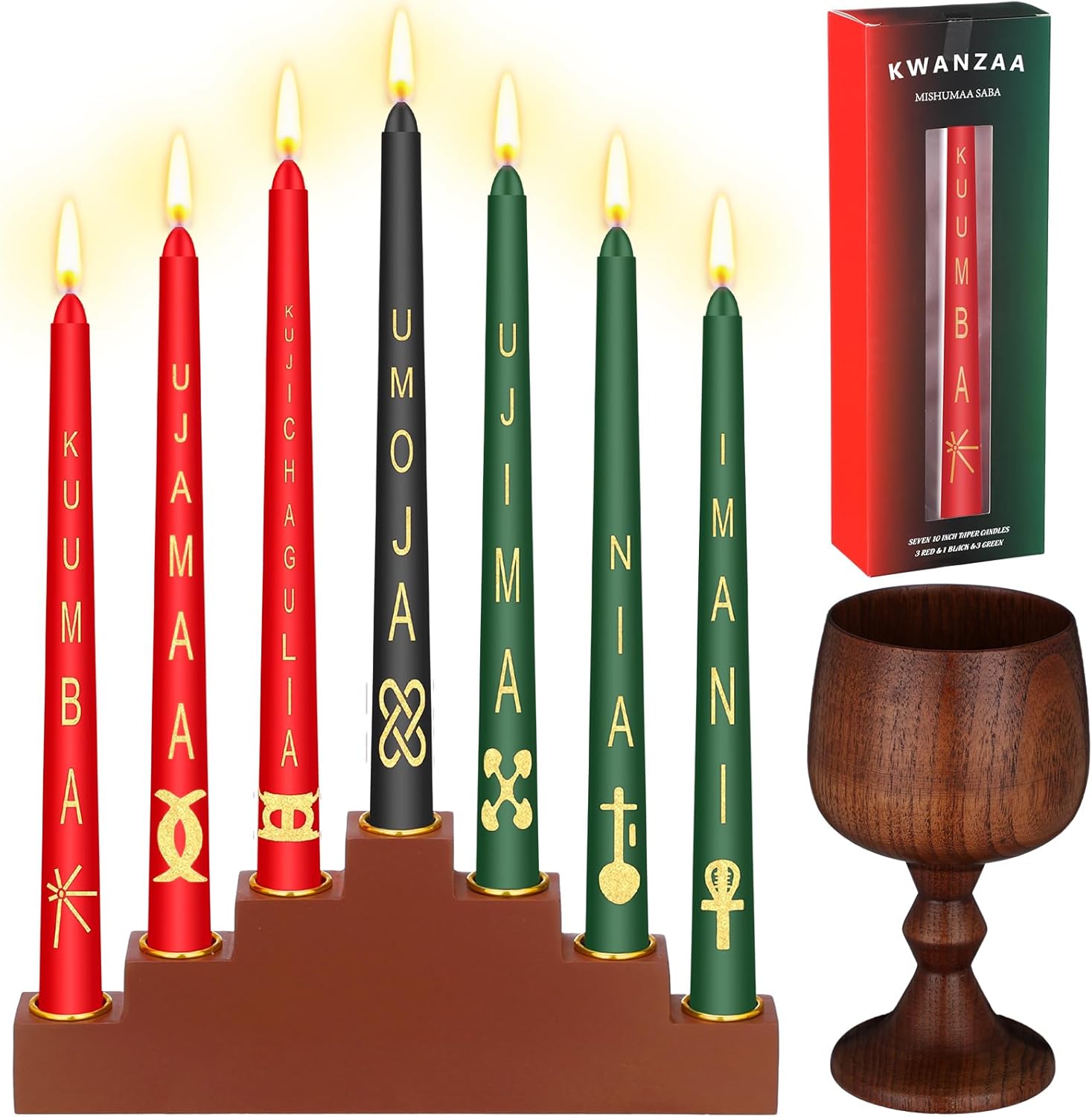 7 Pcs Kwanzaa Kinara Taper Candles Set with Holder and Unity Cup