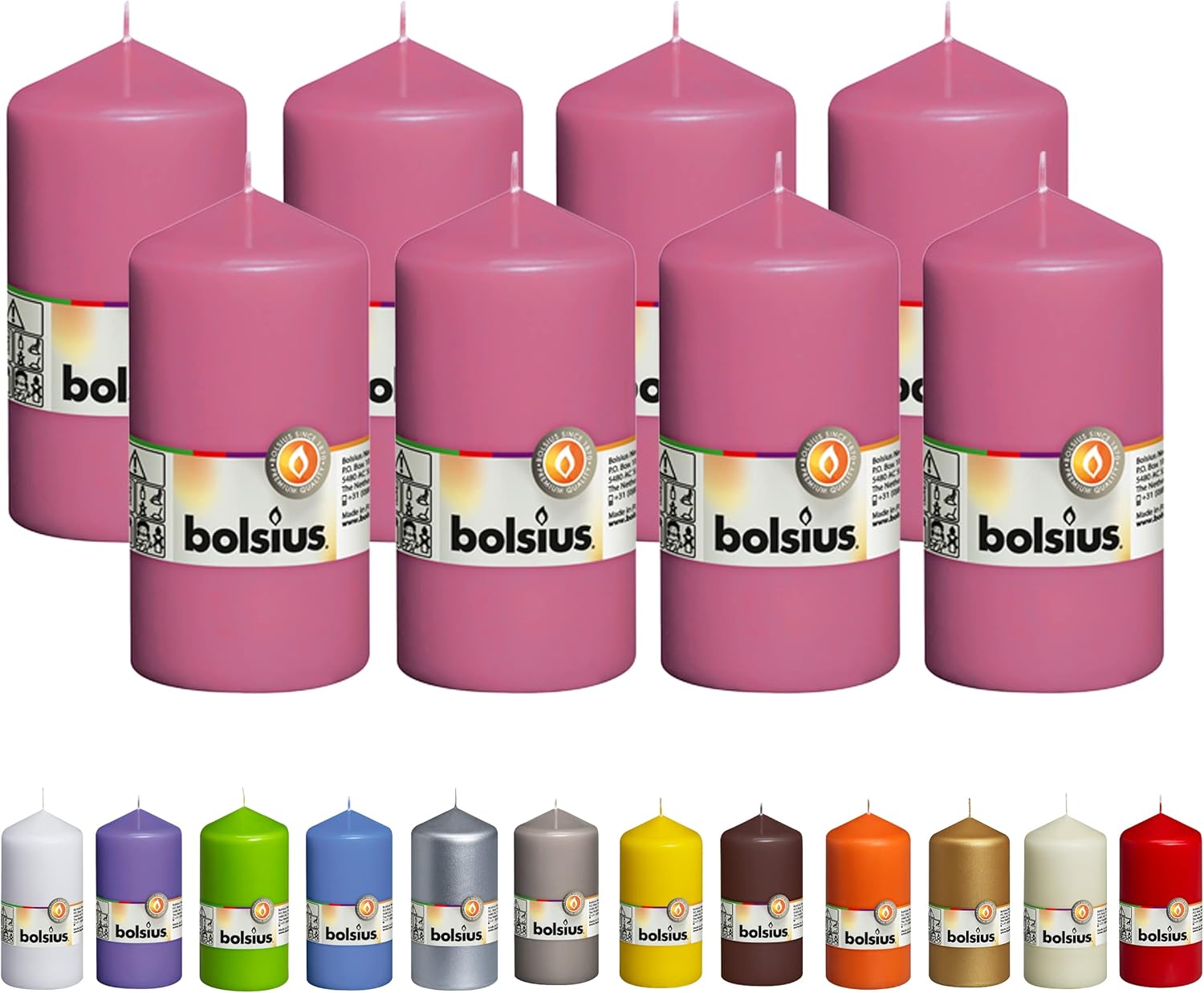 BOLSIUS 8 Pink Pillar Candles - 43 Hours Burn Time
