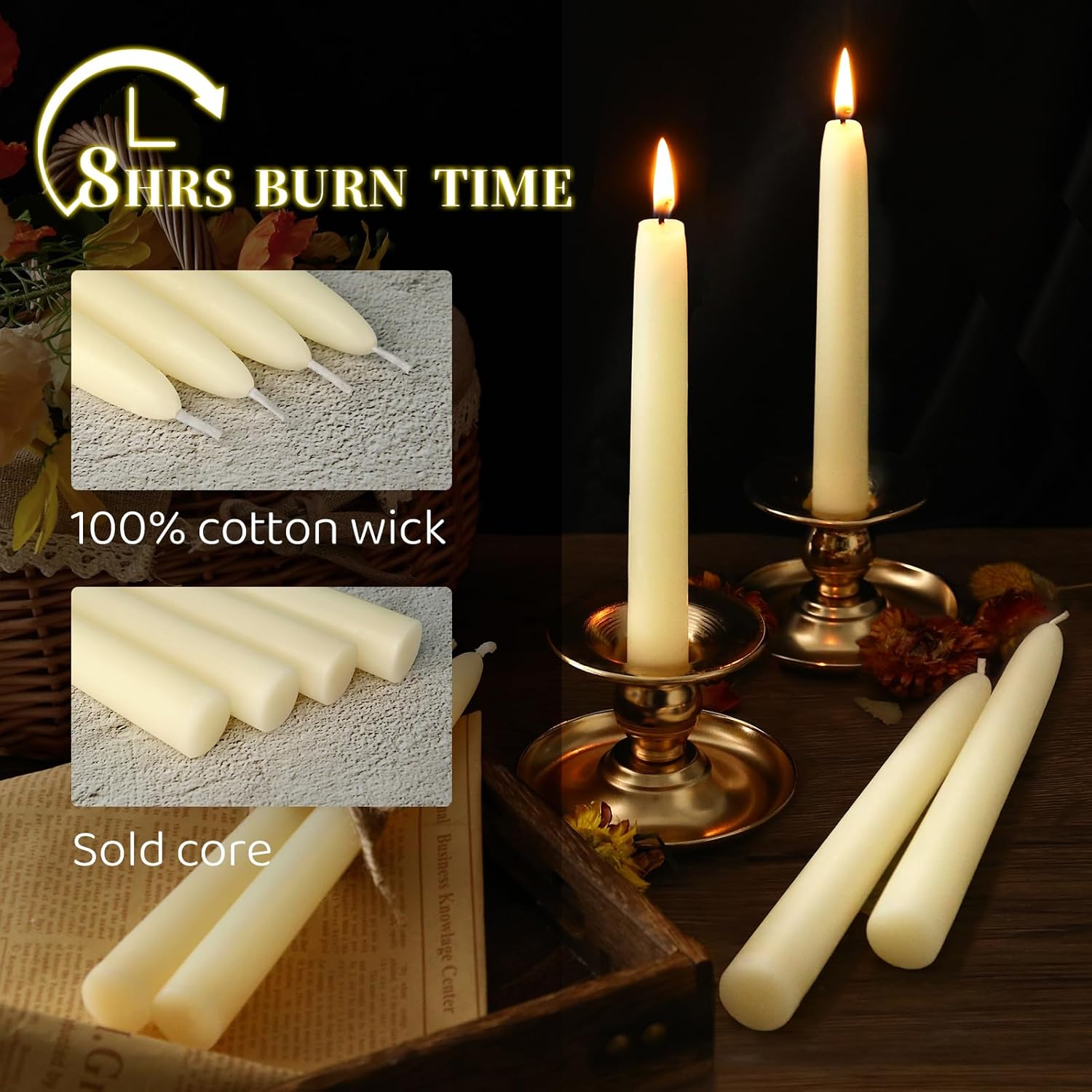 Natural Beeswax Taper Candles Pack of 4 8 Inch White 32 Hours Burn