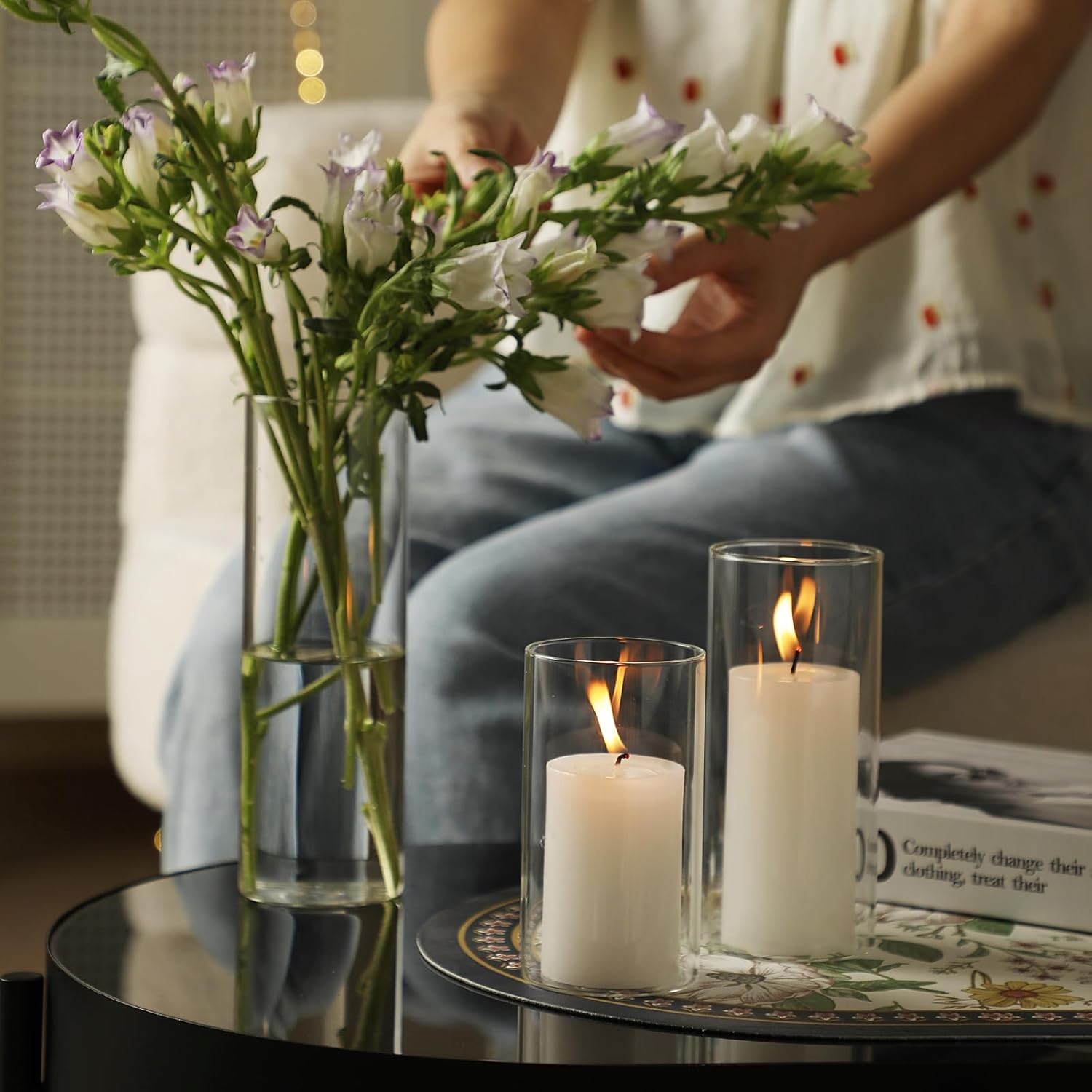 UDU 12 Pillar Candles and 12 Glass Hurricane Holders Set