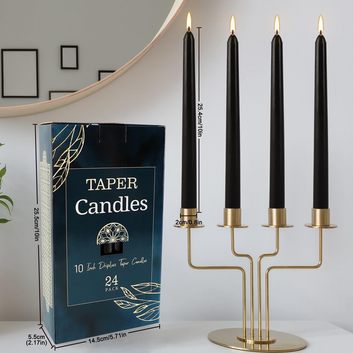 24 Pack Tall Taper Candles 10 Inch Black Dripless Unscented