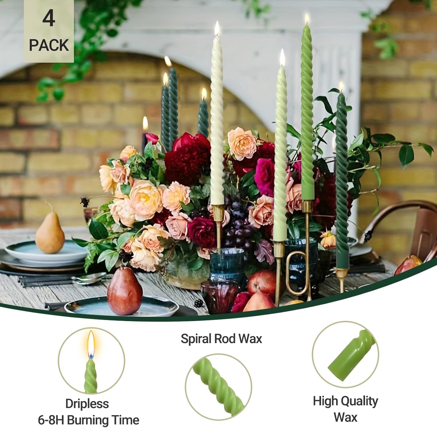 10 Inch Spiral Taper Candles Green Series 4 Pack