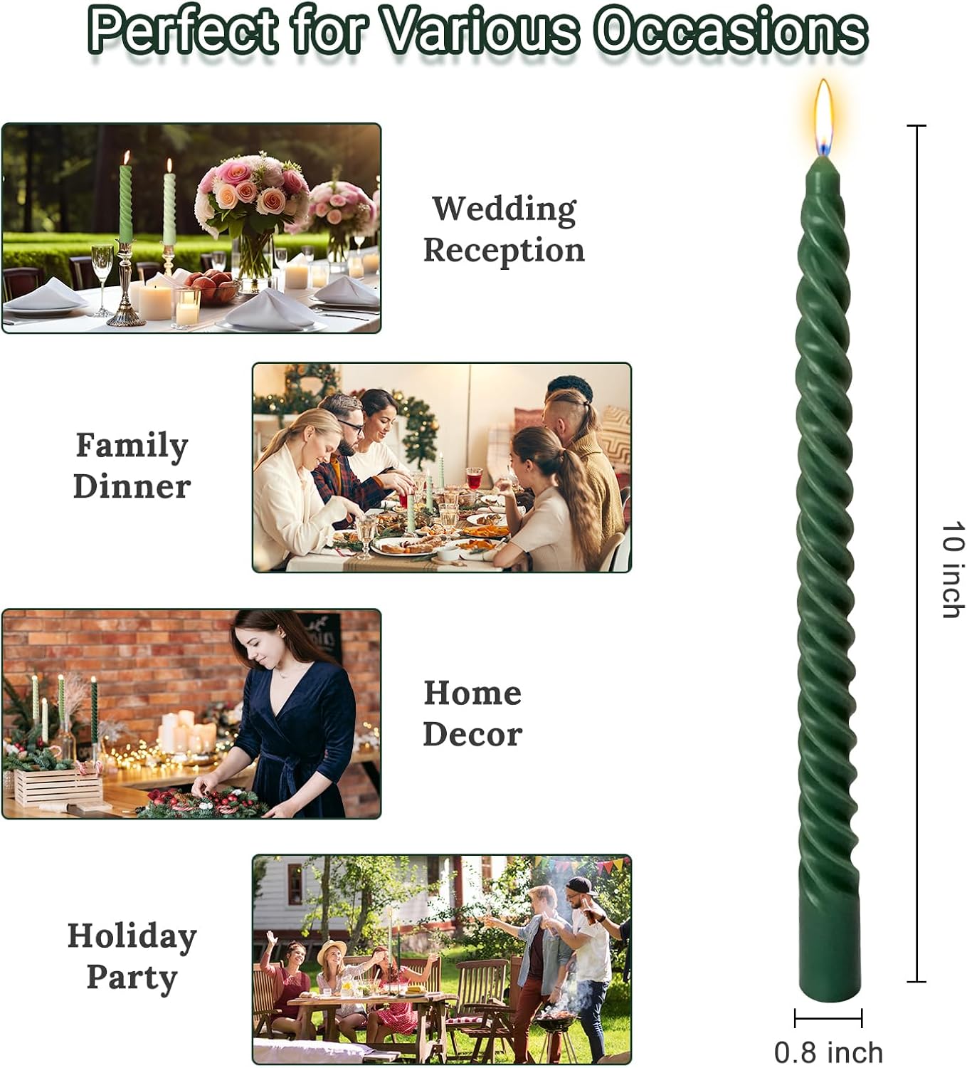 10 Inch Spiral Taper Candles Green Series 4 Pack