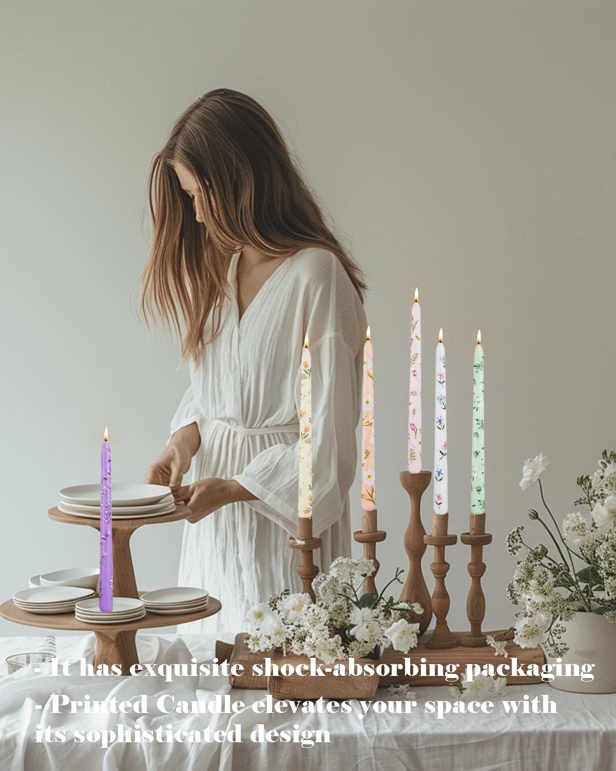 Floral Taper Candle Dripless 10 Inch Set of 4