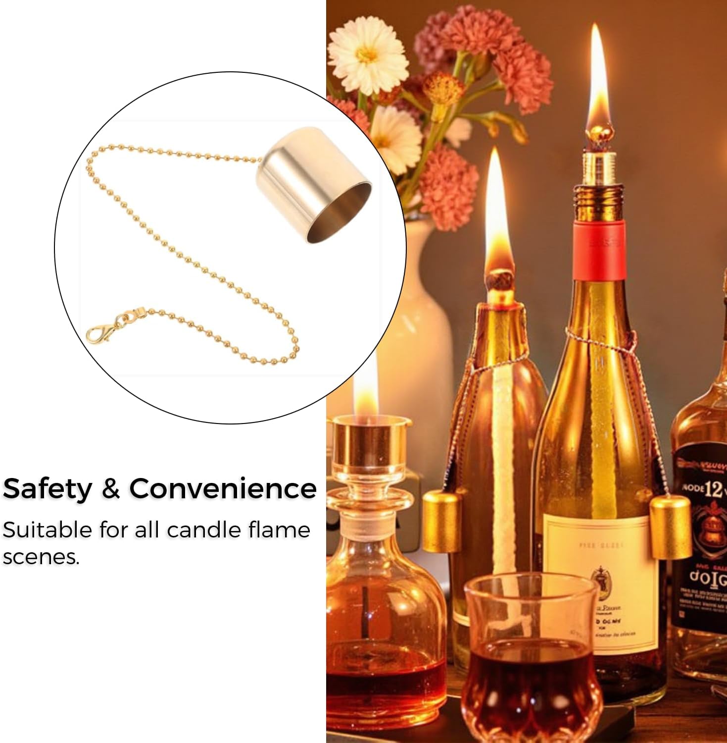 Brass Candle Snuffer Caps with Chain 8 Pcs