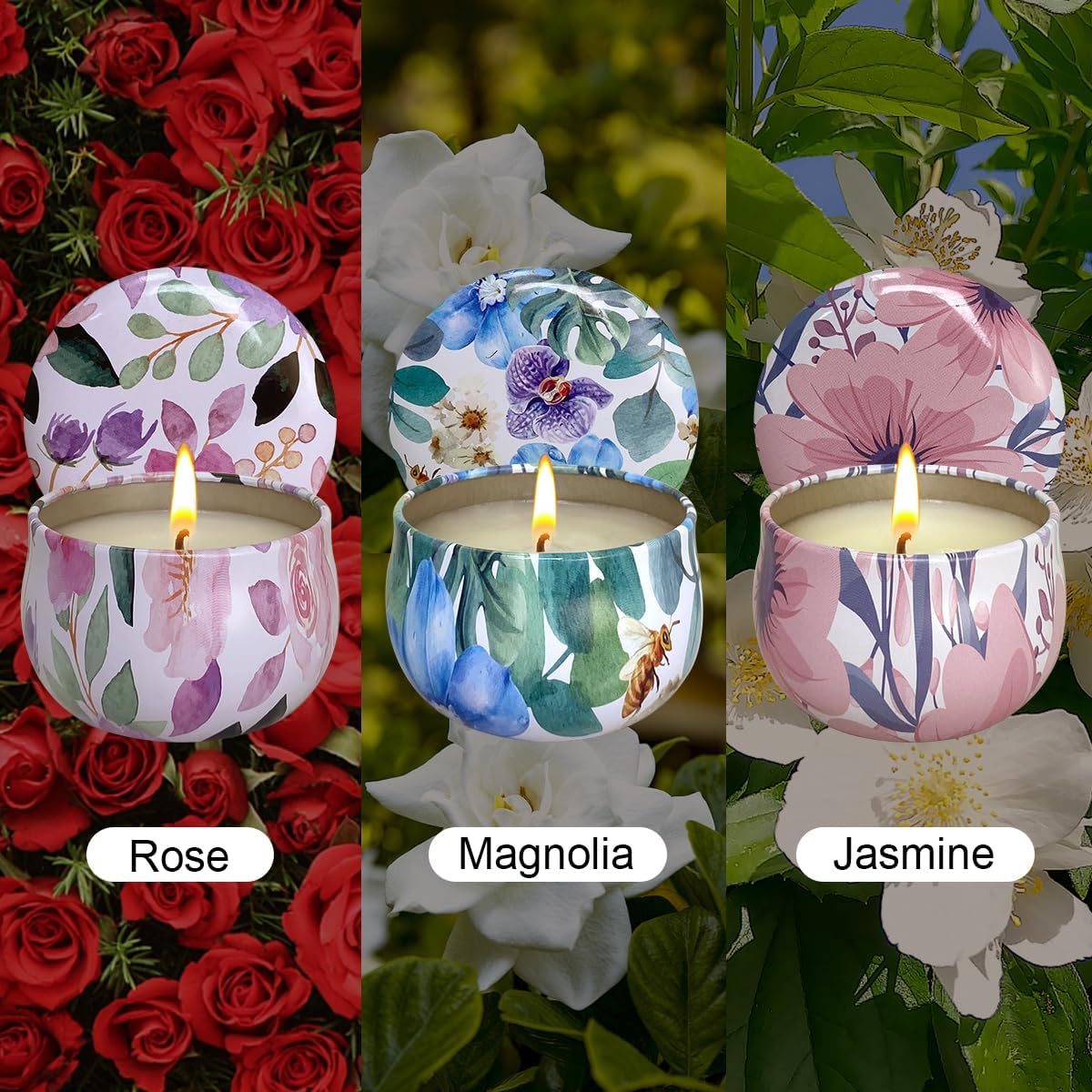 3 Pack Ladies Candles Set Rose Jasmine Magnolia Scented Jar Candles