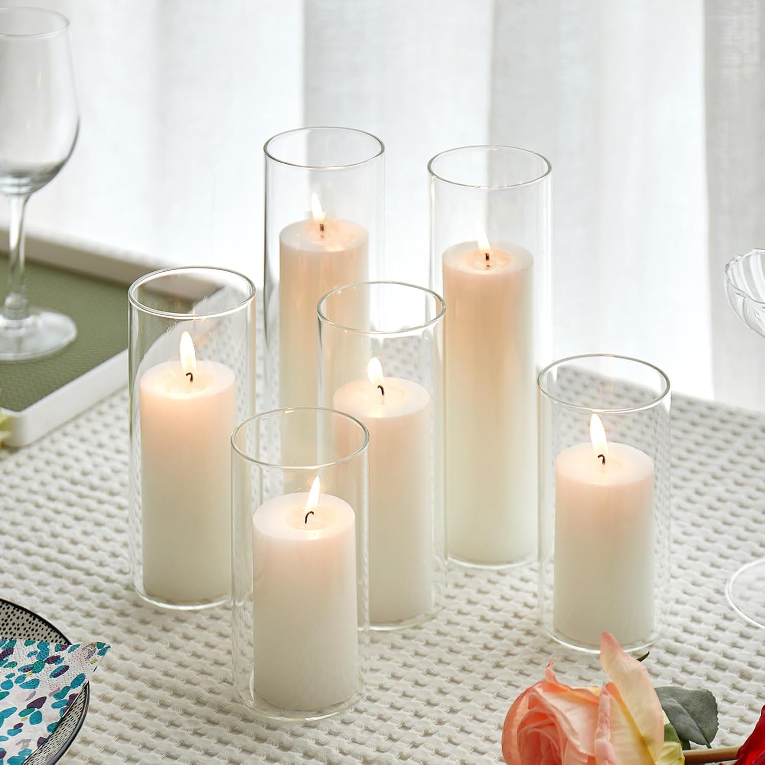 Set of 6 White Pillar Candles with Clear Glass Holders