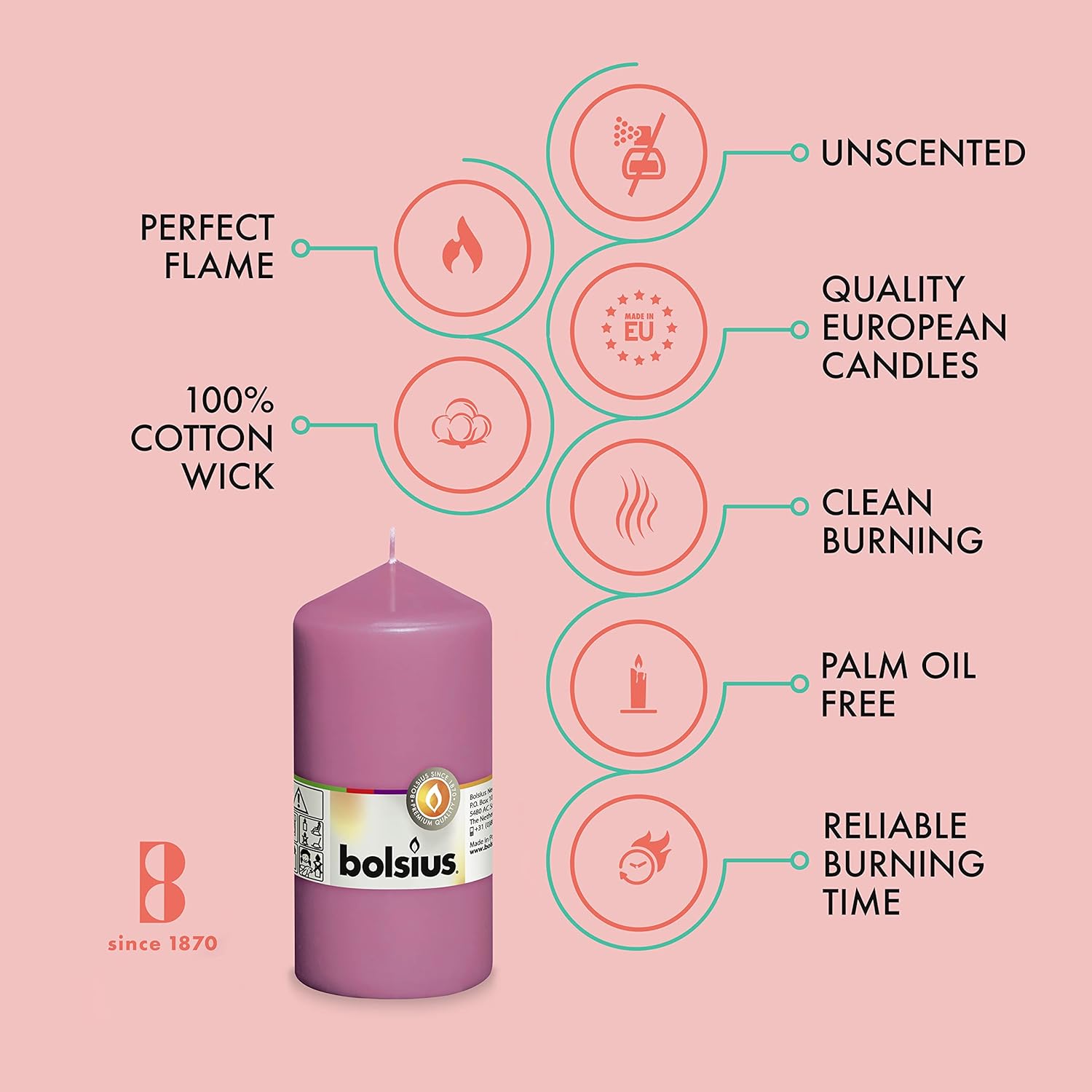 BOLSIUS 8 Pink Pillar Candles - 43 Hours Burn Time
