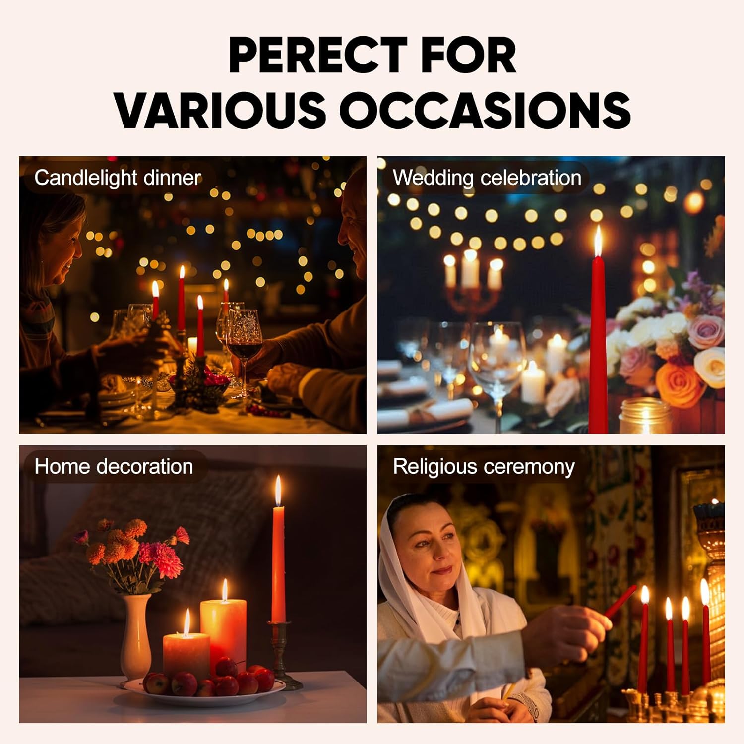 TONGKAE Taper Red Candles Set of 4 Smokeless Dripless