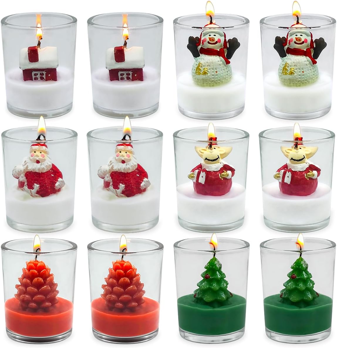 12-Pack Christmas Glass Votive Candles with Holiday Designs