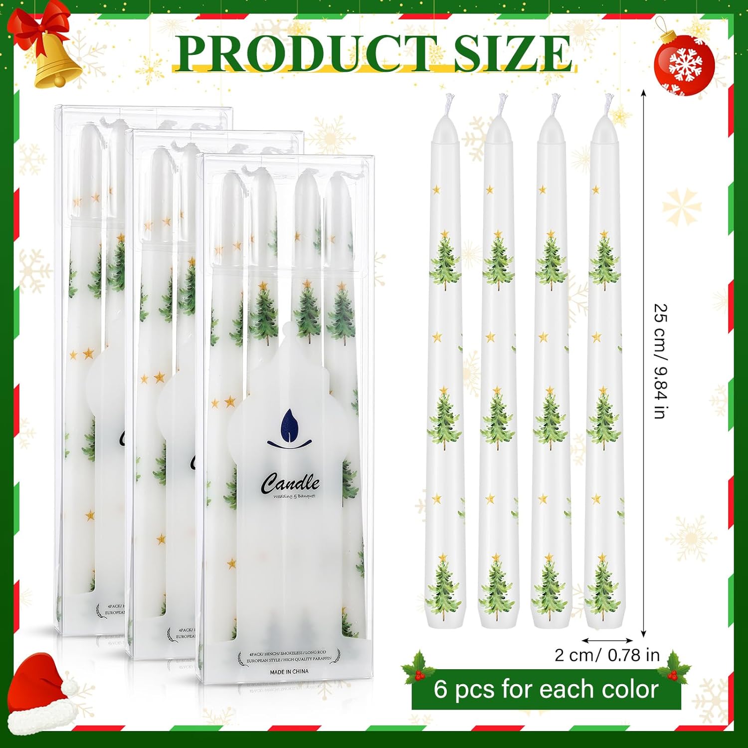 12 Pcs Dripless Taper Candles with Christmas Tree Patterns