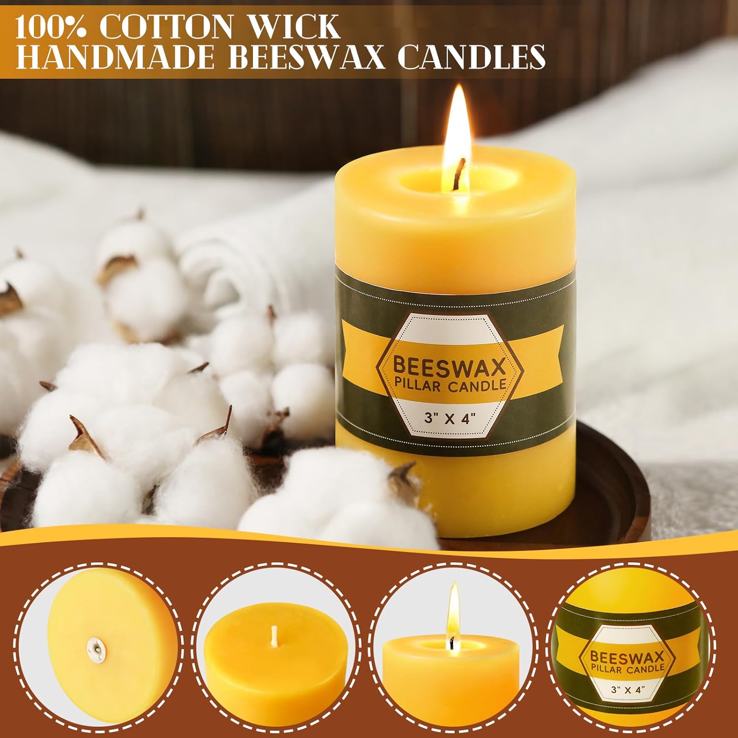 2 Packs Pure Beeswax Pillar Candles 120-140 Hours Long Burning