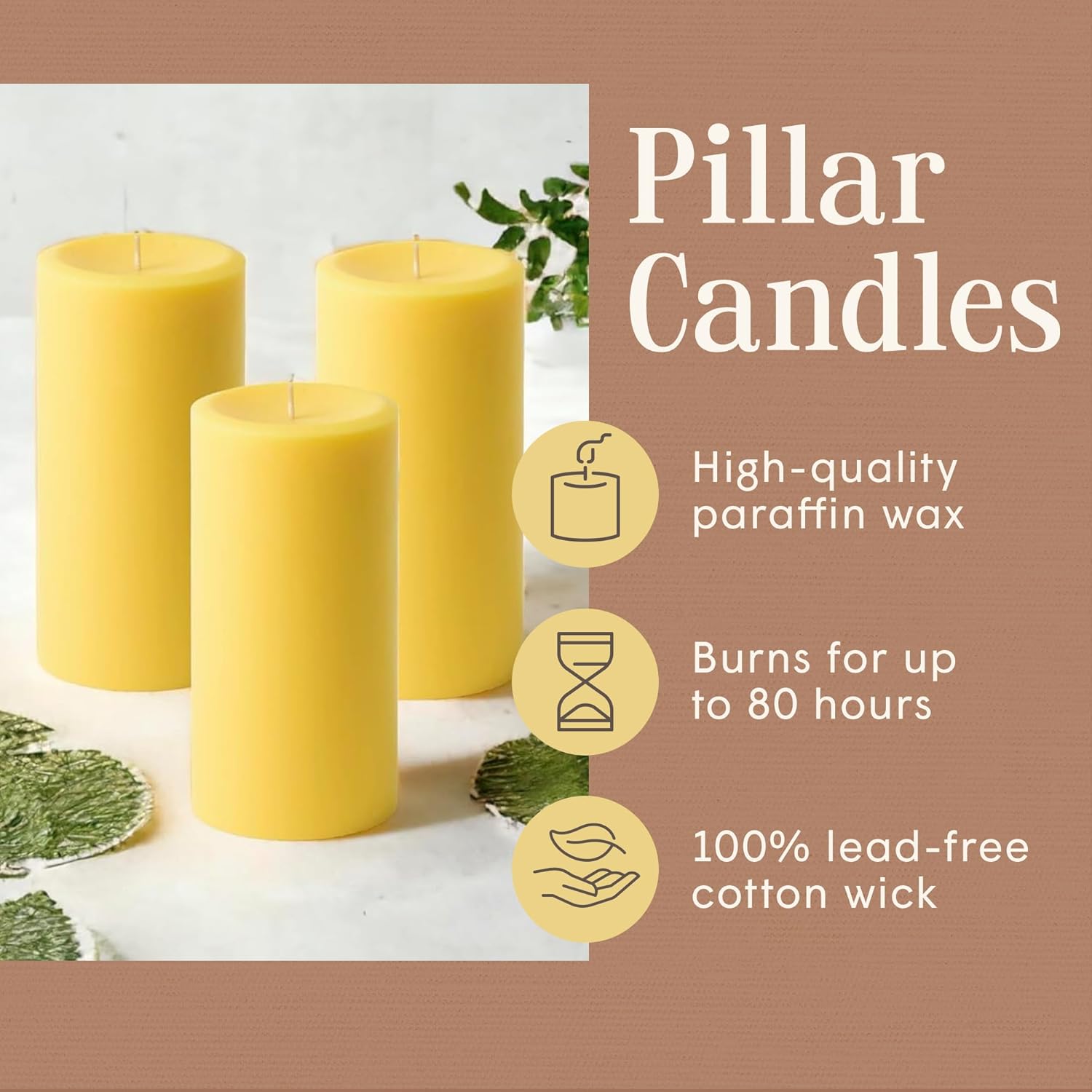 3 x 6 Yellow Pillar Candles Set of 3 Unscented
