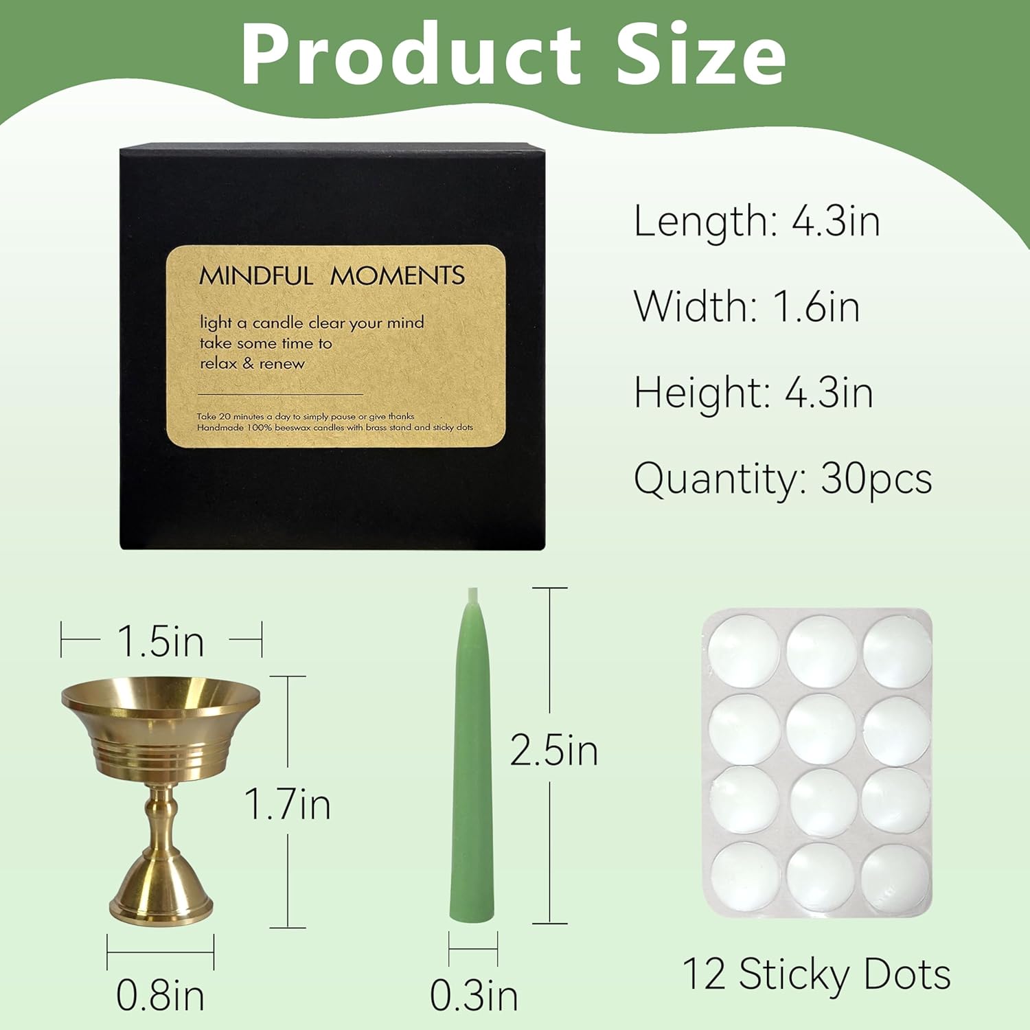 20 Min Sage Green Meditation Candles - 30 Pack with Holder and Wax Dots