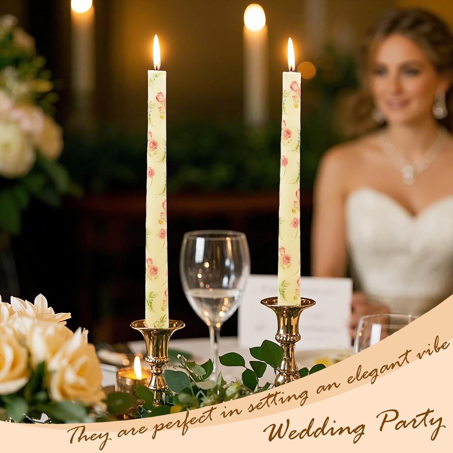 2 Pack Ivory Taper Candles with Flowers Print 10 Inch