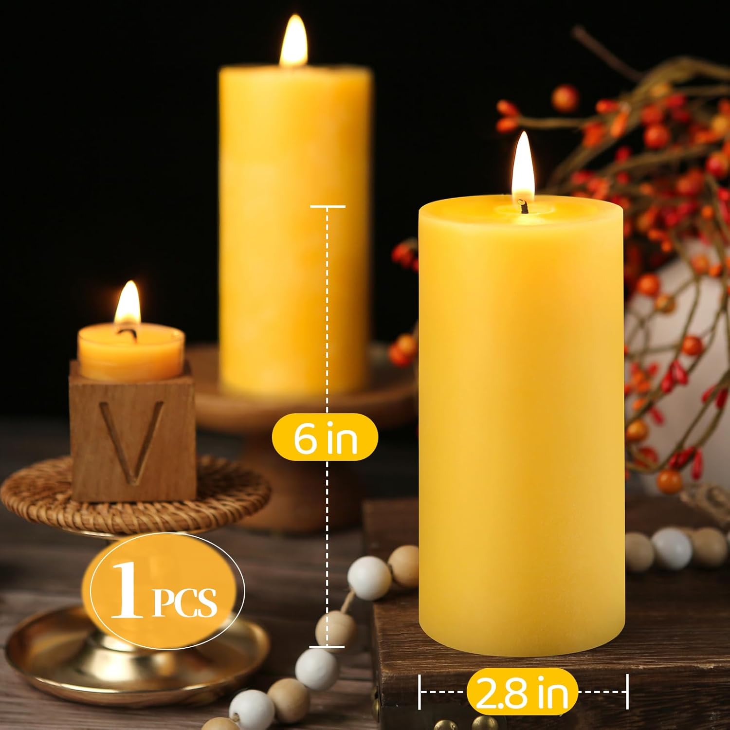 Natural Beeswax Pillar Candles - 95 Hours Long Burn Dripless Smokeless Unscented Organic
