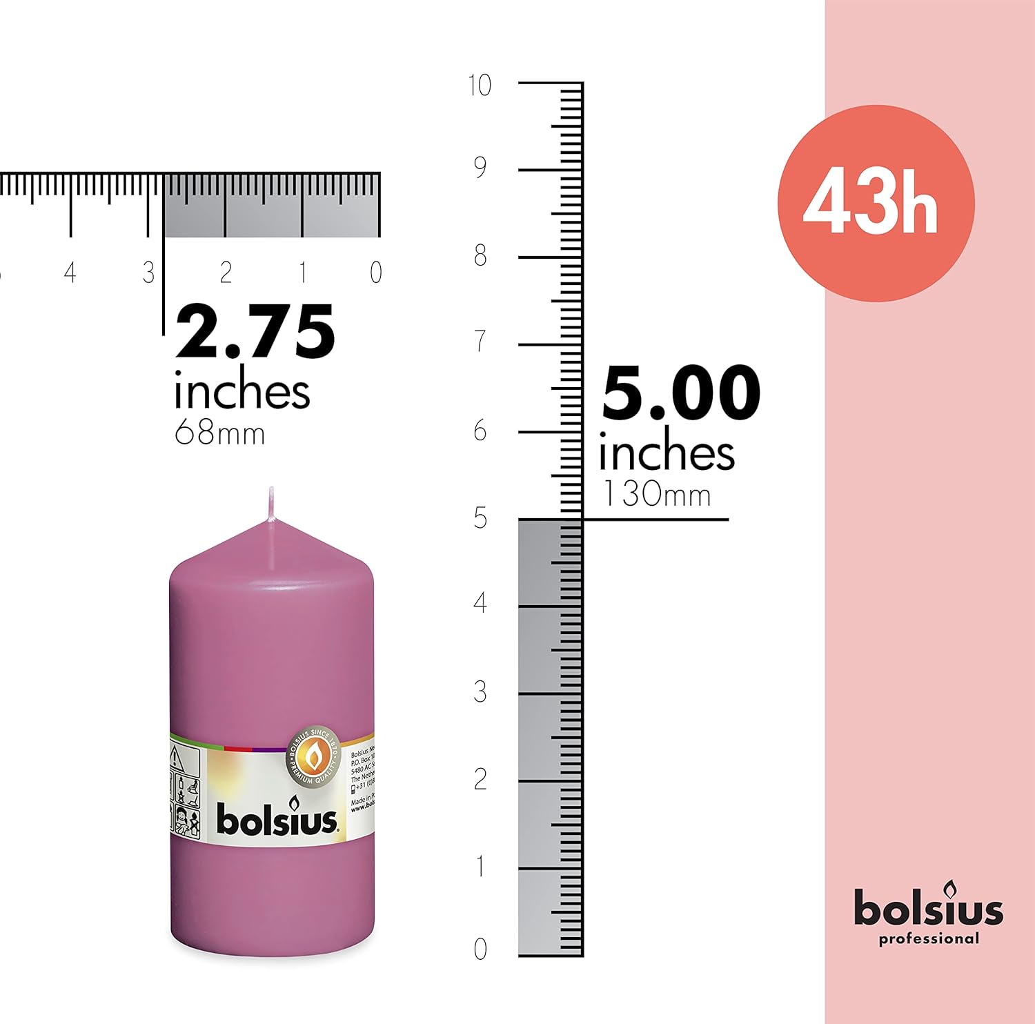 BOLSIUS 8 Pink Pillar Candles - 43 Hours Burn Time