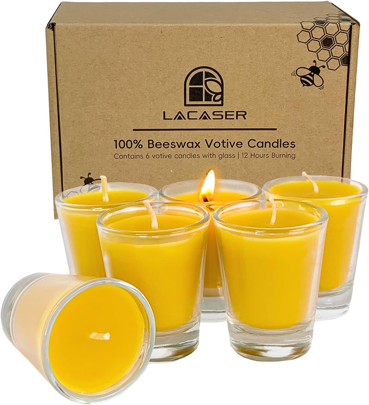 Lacaser Pure Beeswax Votive Candles 6 Pack Natural Honey Scent