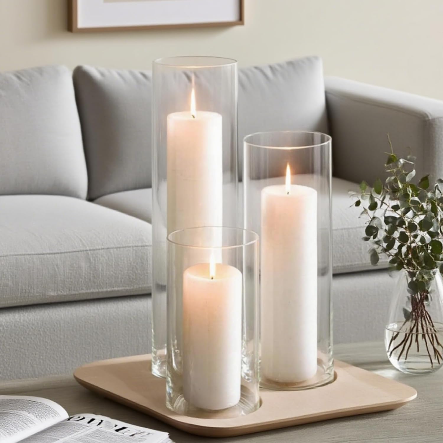 3 Pcs White Pillar Candles and 3 Pcs Glass Cylinder Vases Set