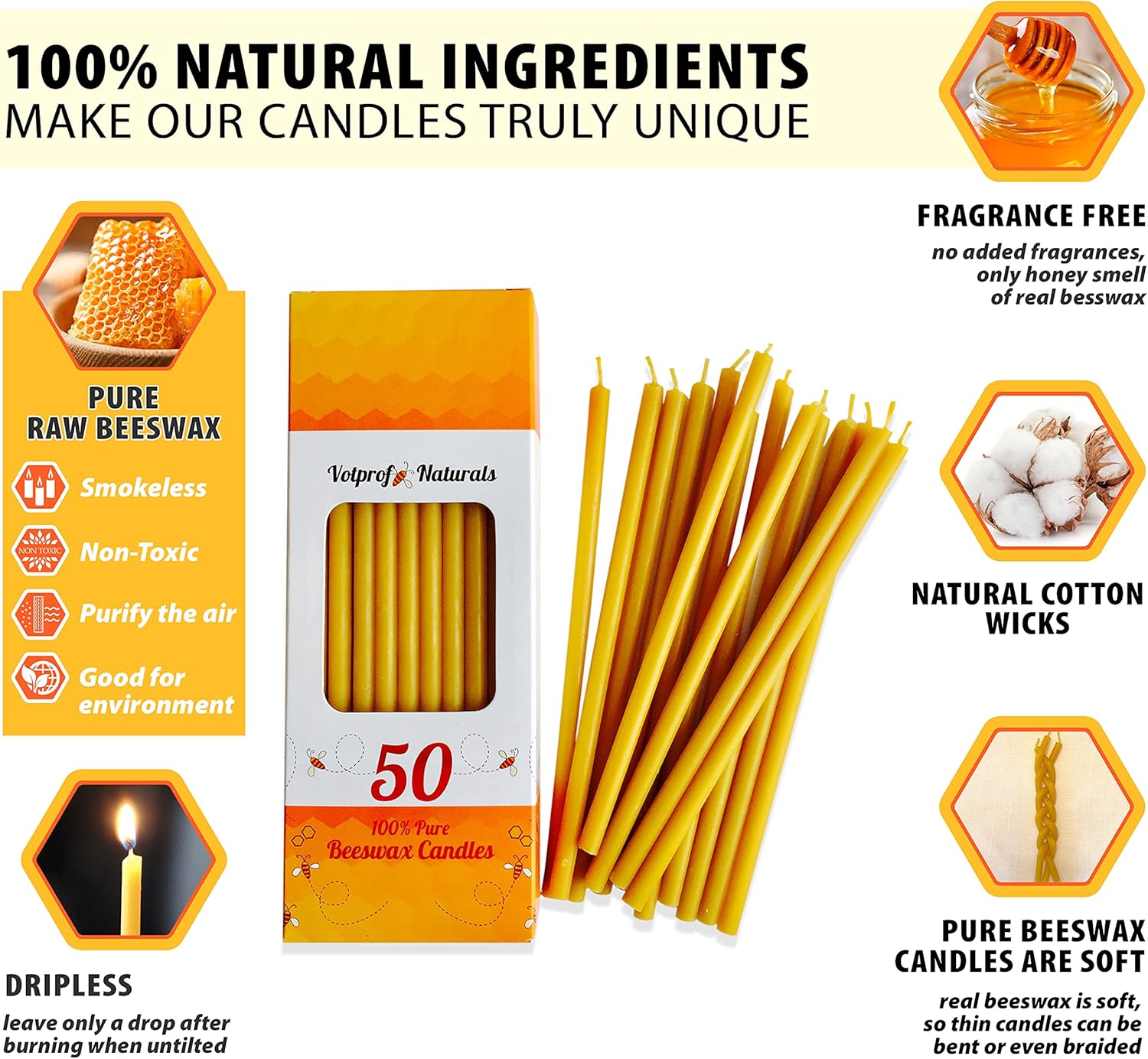 Votprof 50 All Natural Beeswax Taper Candles - Tall Unscented Dripless Smokeless Slow Burning