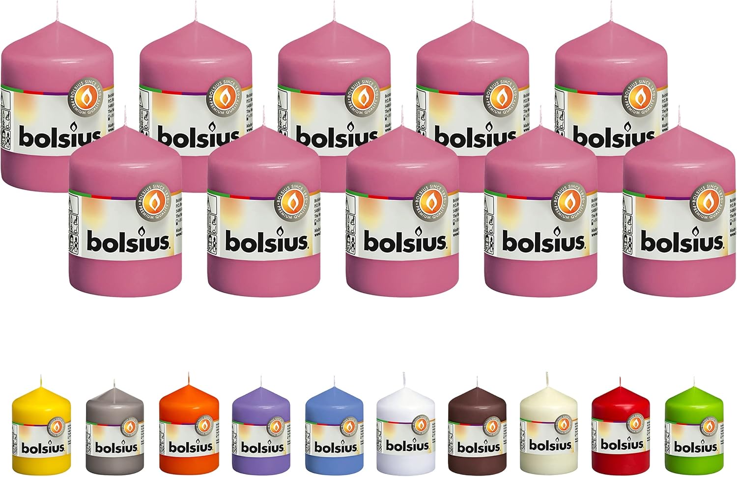 BOLSIUS 10 Pink Pillar Candles - 17 Hour Burn Time