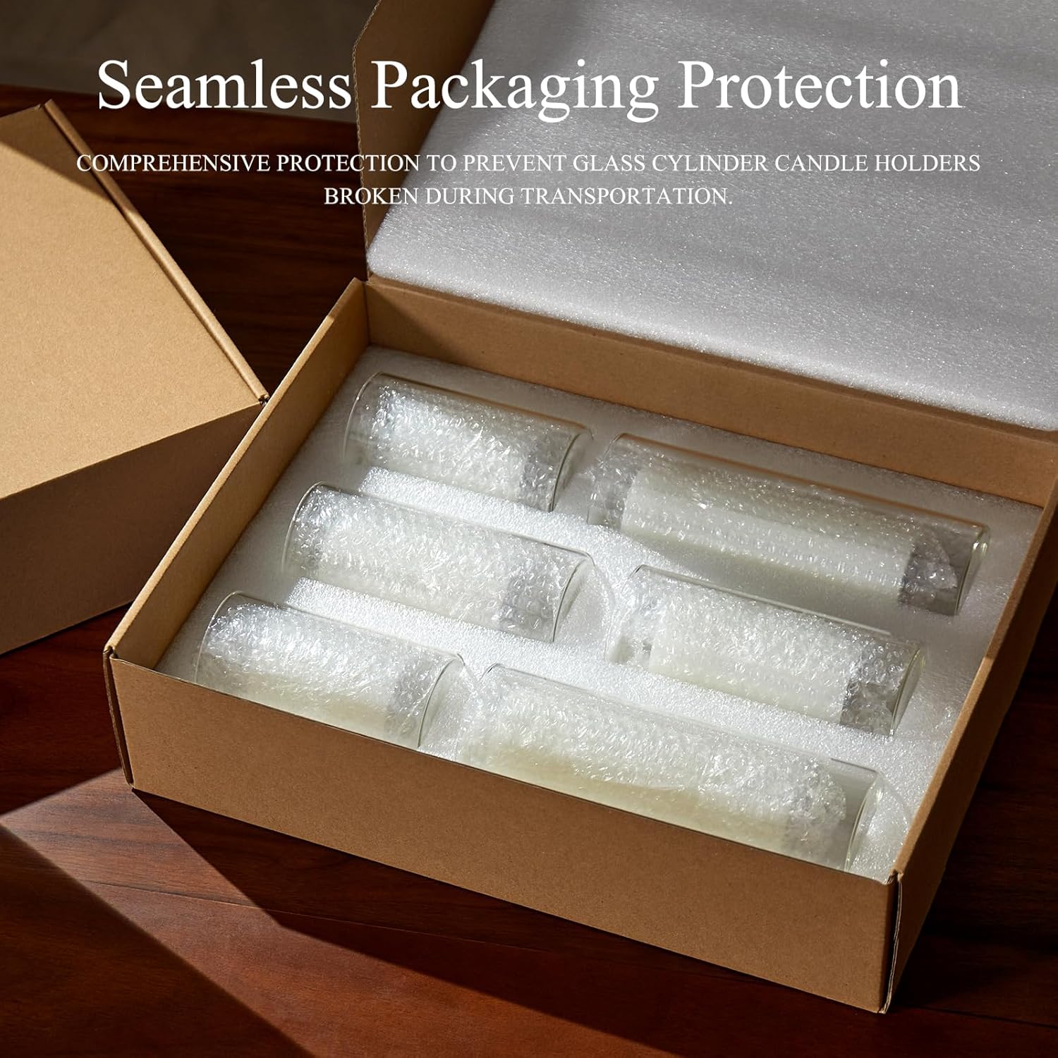 Set of 6 White Pillar Candles with Clear Glass Holders