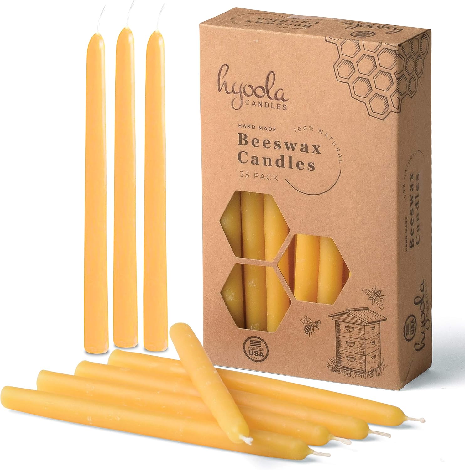 Hyoola Natural Beeswax Taper Candles 25 Pack