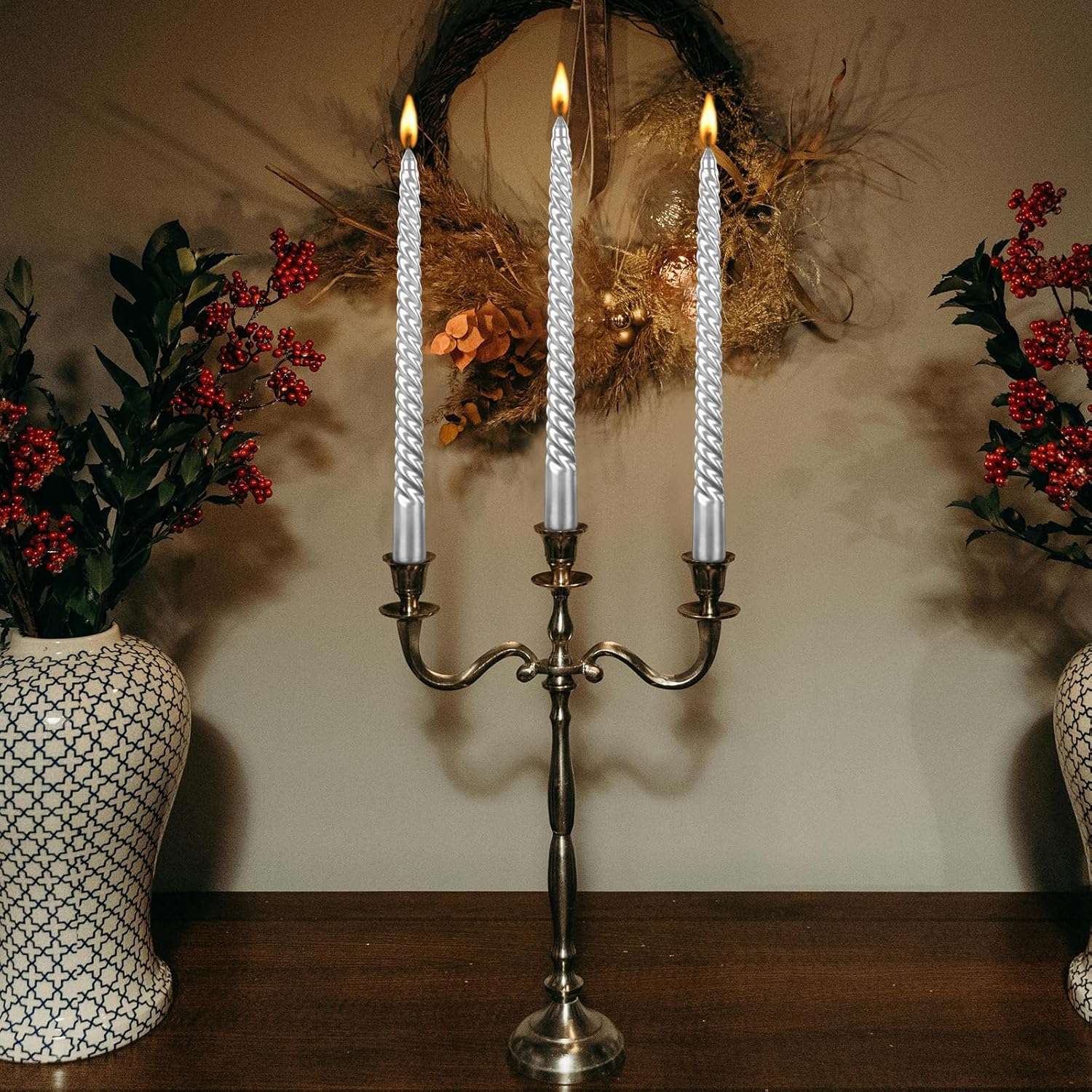 Silver Spiral Taper Candles 10 Inch - Set of 4