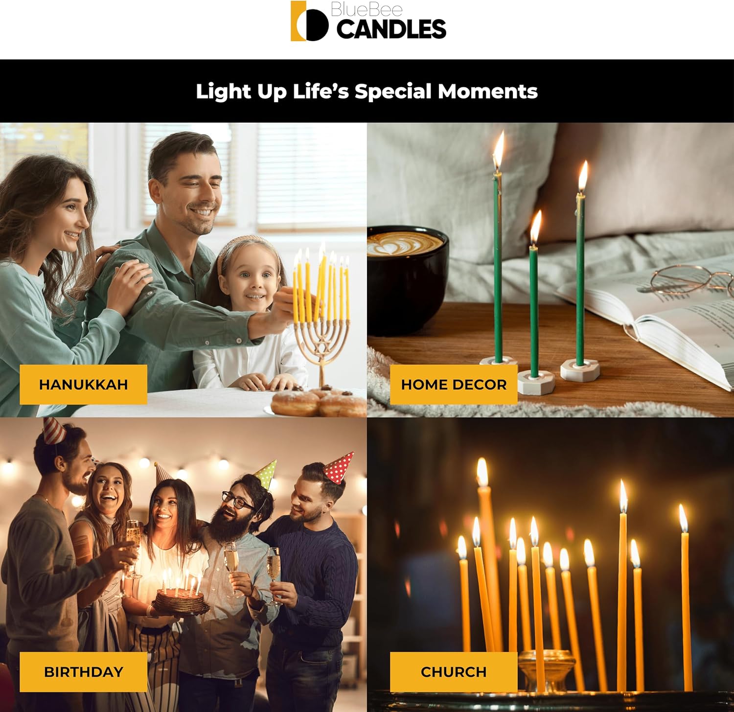 BlueBee Pure Beeswax Taper Candles 40pcs Set with Holders