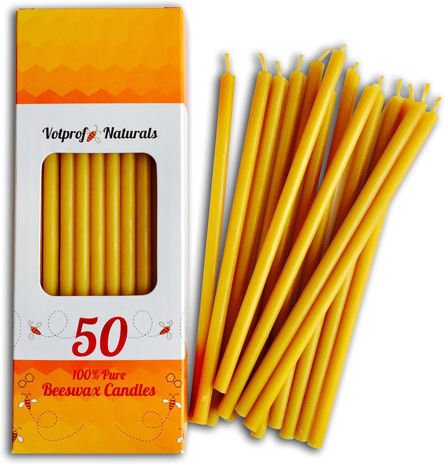 Votprof 50 All Natural Beeswax Taper Candles - Tall Unscented Dripless Smokeless Slow Burning