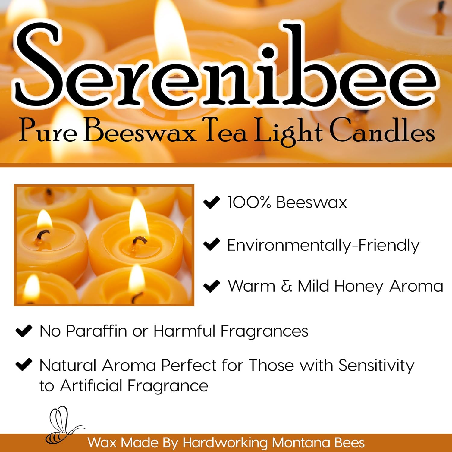 Serenibee Beeswax Tea Light Candles with Reusable Holder and Cotton Bag Set