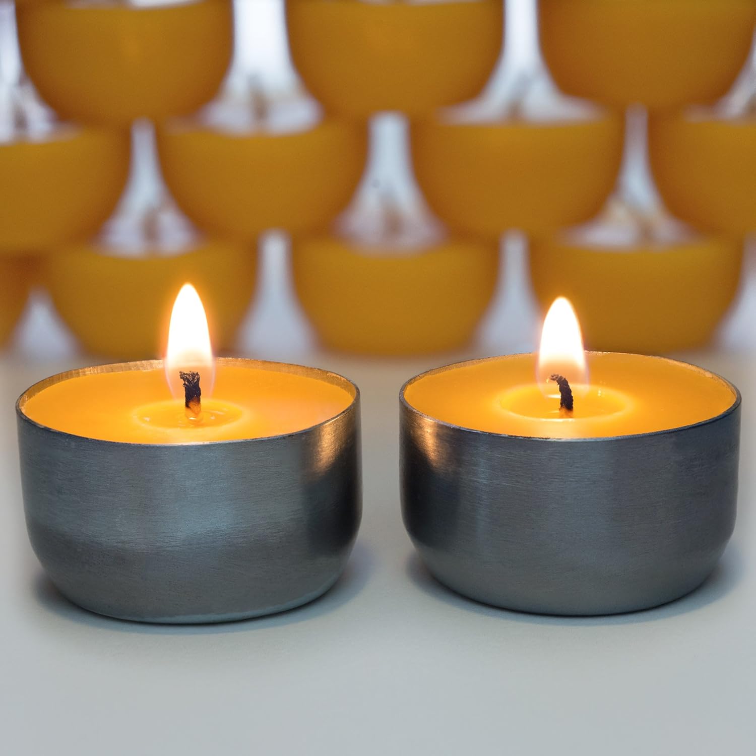 Serenibee Beeswax Tea Light Candles with Reusable Steel Holders and Cotton Bag