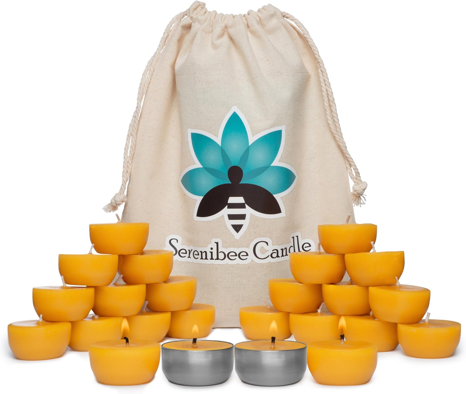 Serenibee Beeswax Tea Light Candles with Reusable Steel Holders and Cotton Bag