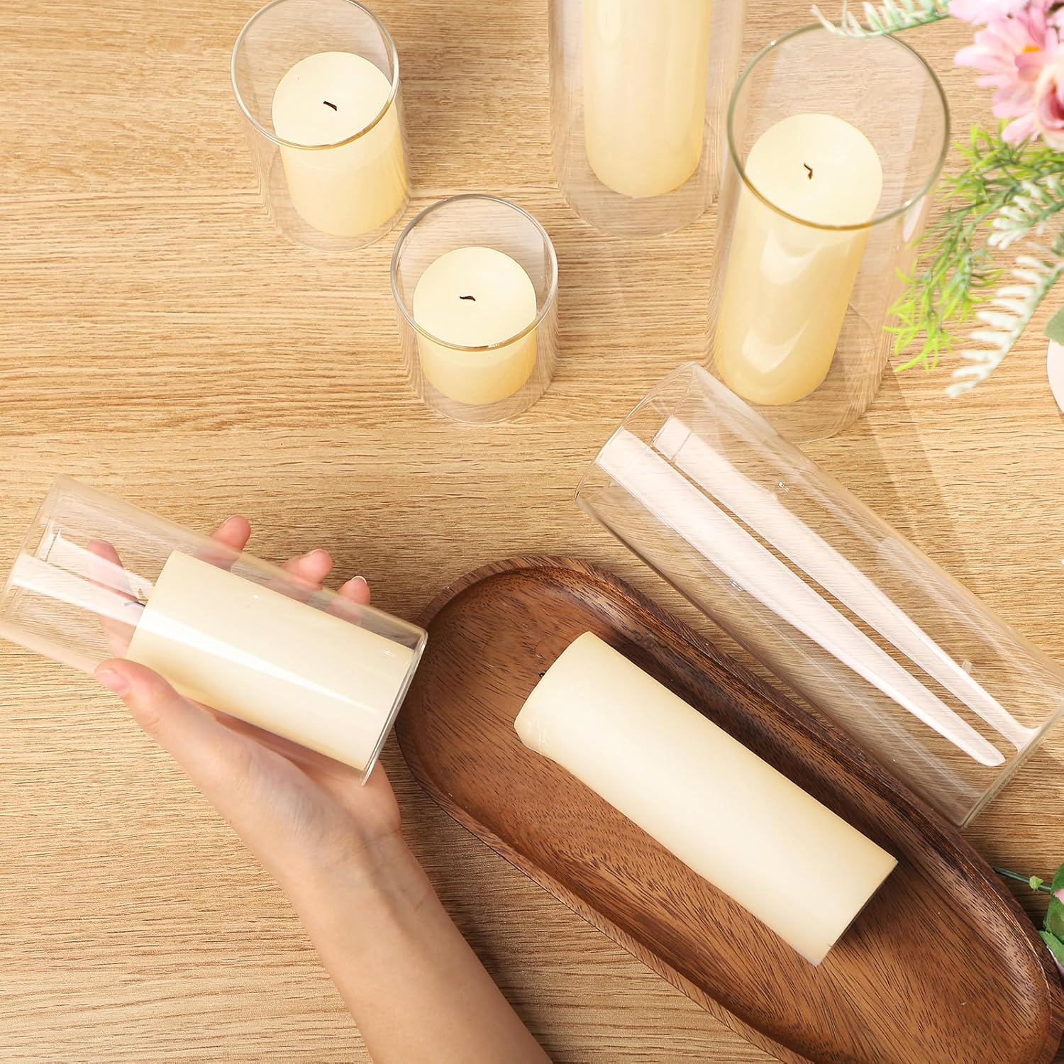 Shihanee Ivory Pillar Candles with 6 Glass Vases Set